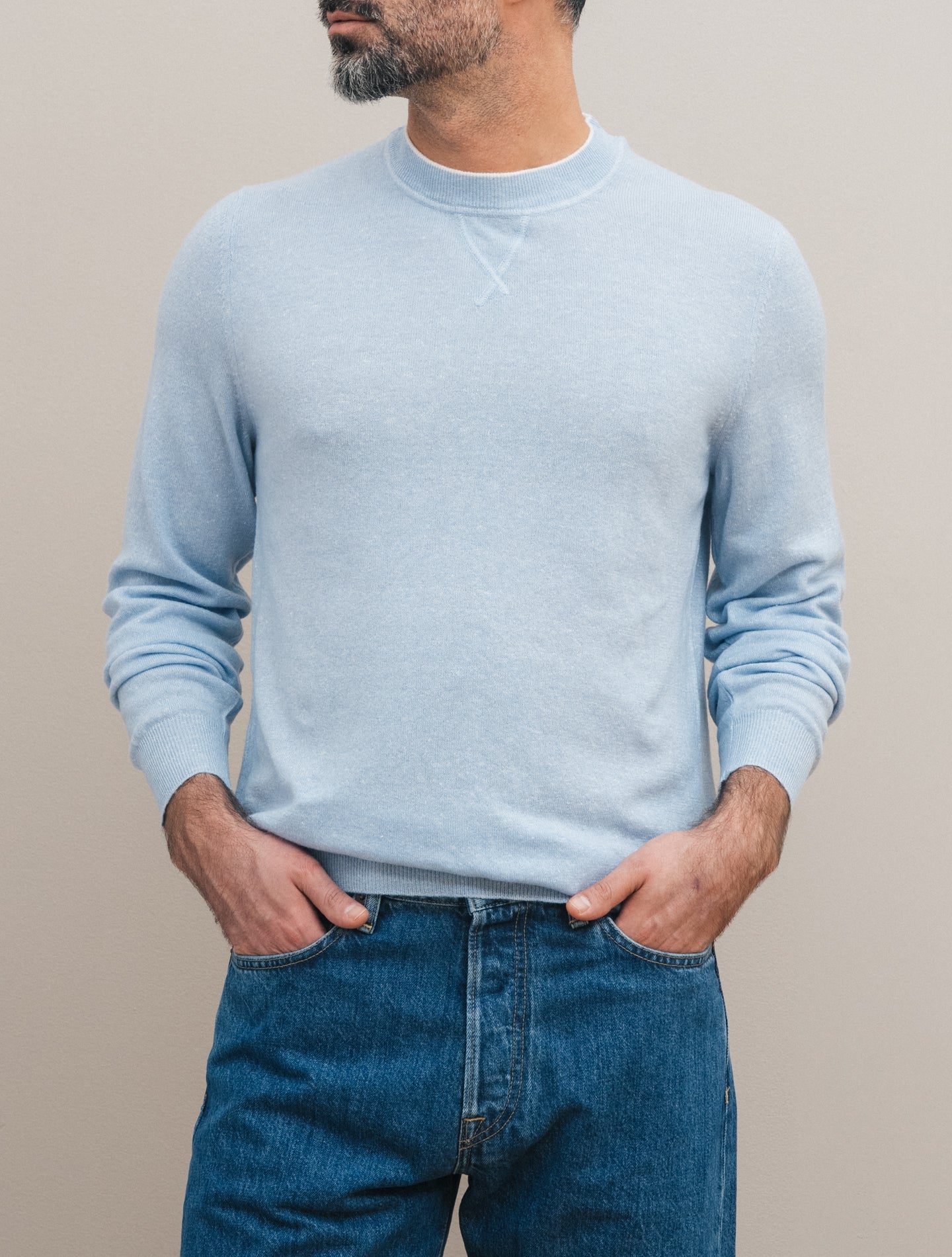 David Knitted Cashmere Linen Crewneck Light Blue Fedeli Knitwear S