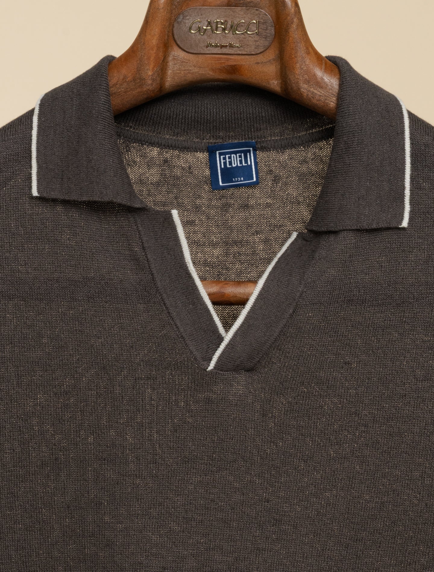 Delta Cotton Linen V - Neck Knit Polo Shirt Brown Fedeli Polo shirts 48