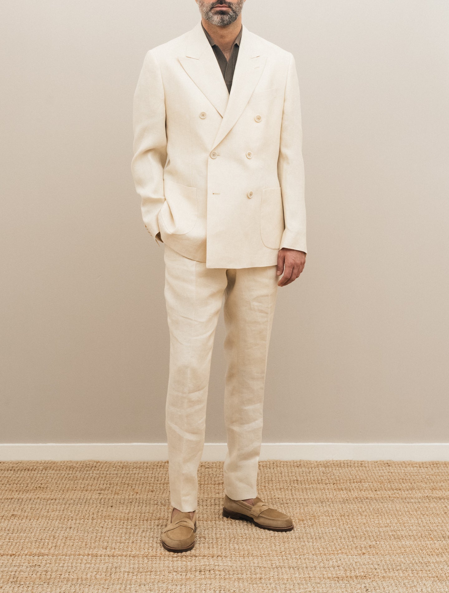 Double Breasted Herringbone Linen Suit Off White Lardini Suits 48