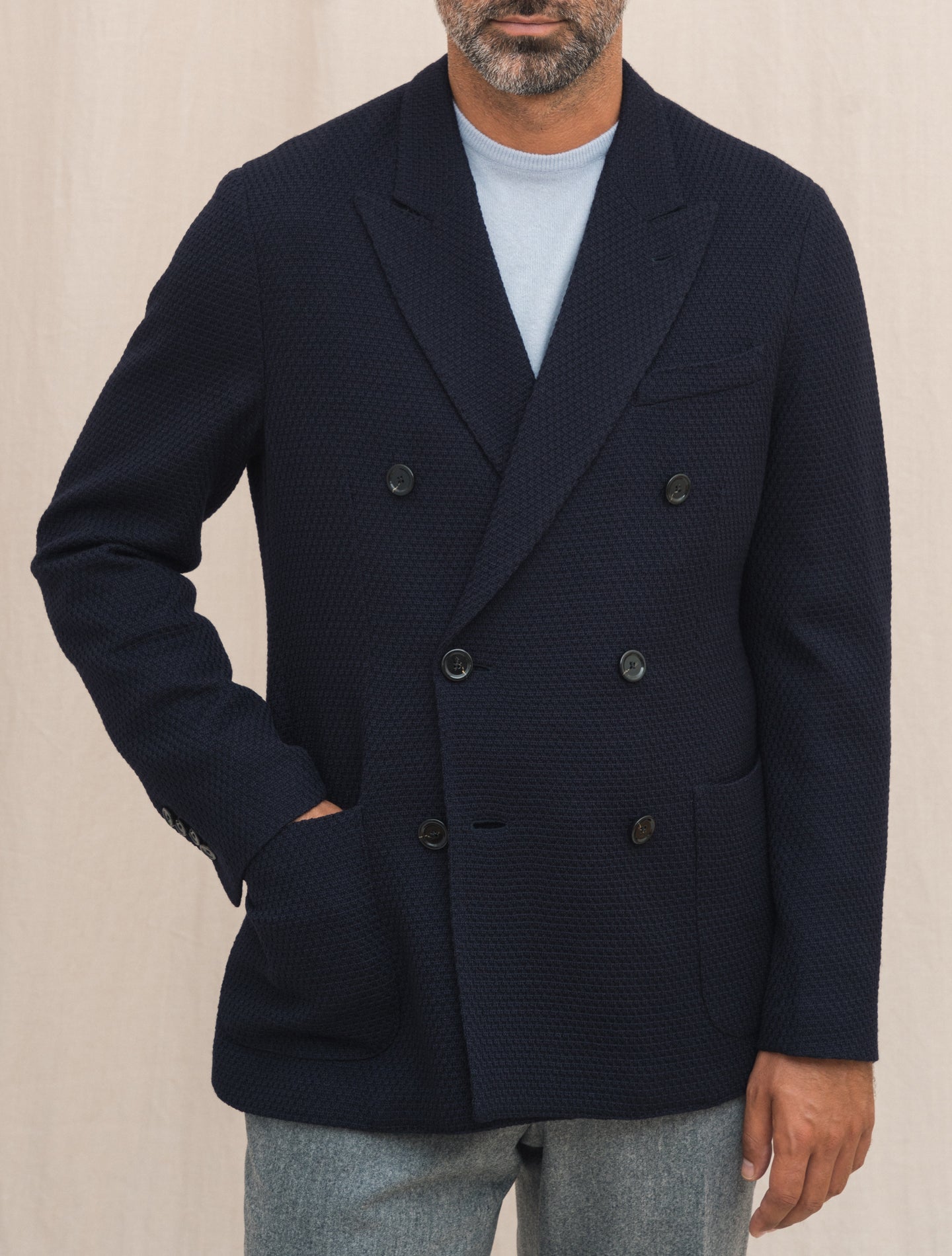 Double Breasted Liknit Wool Jacket Navy Lardini Jackets Gabucci