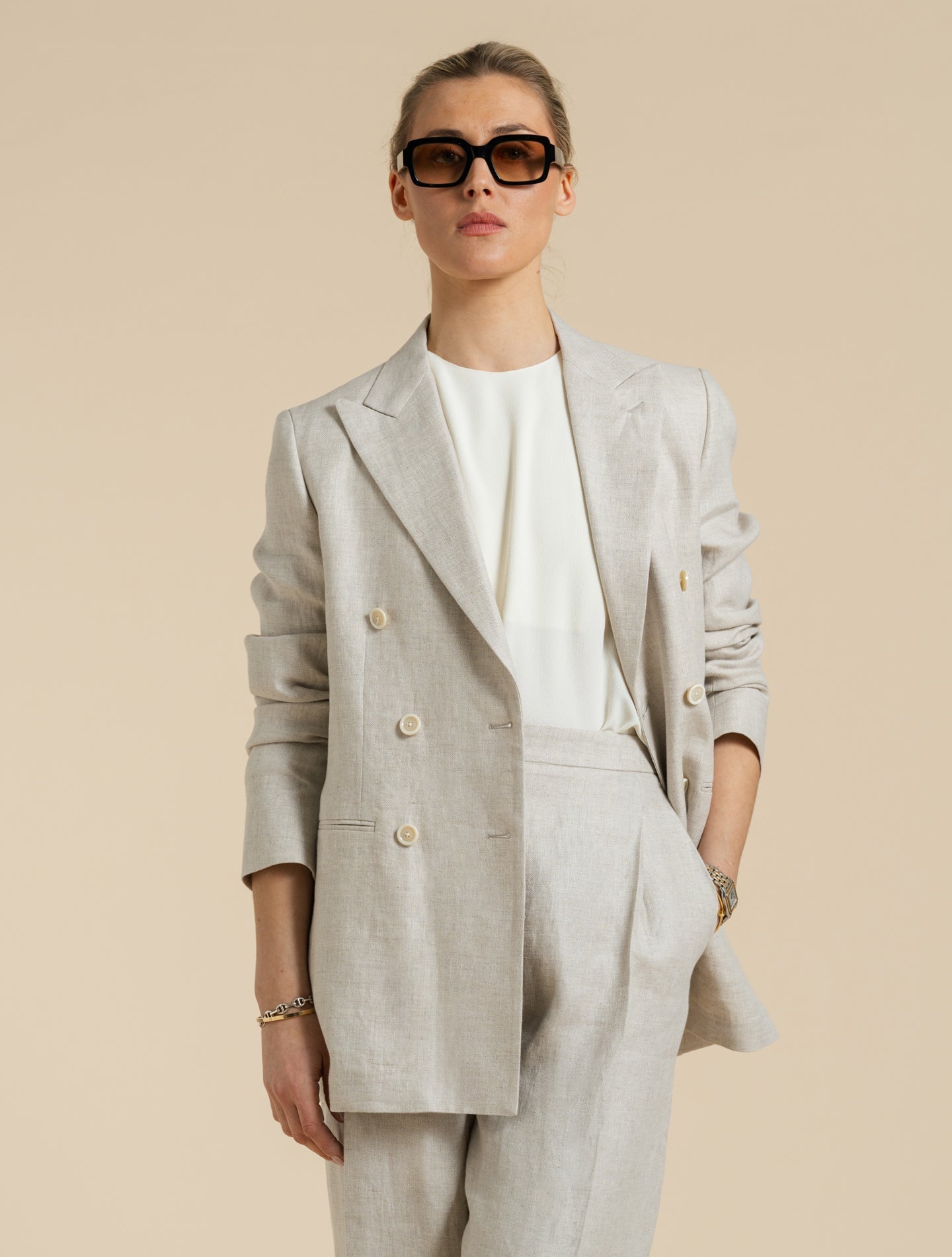 Double Breasted Linen Herringbone Jacket Sand Lardini Jackets IT 40