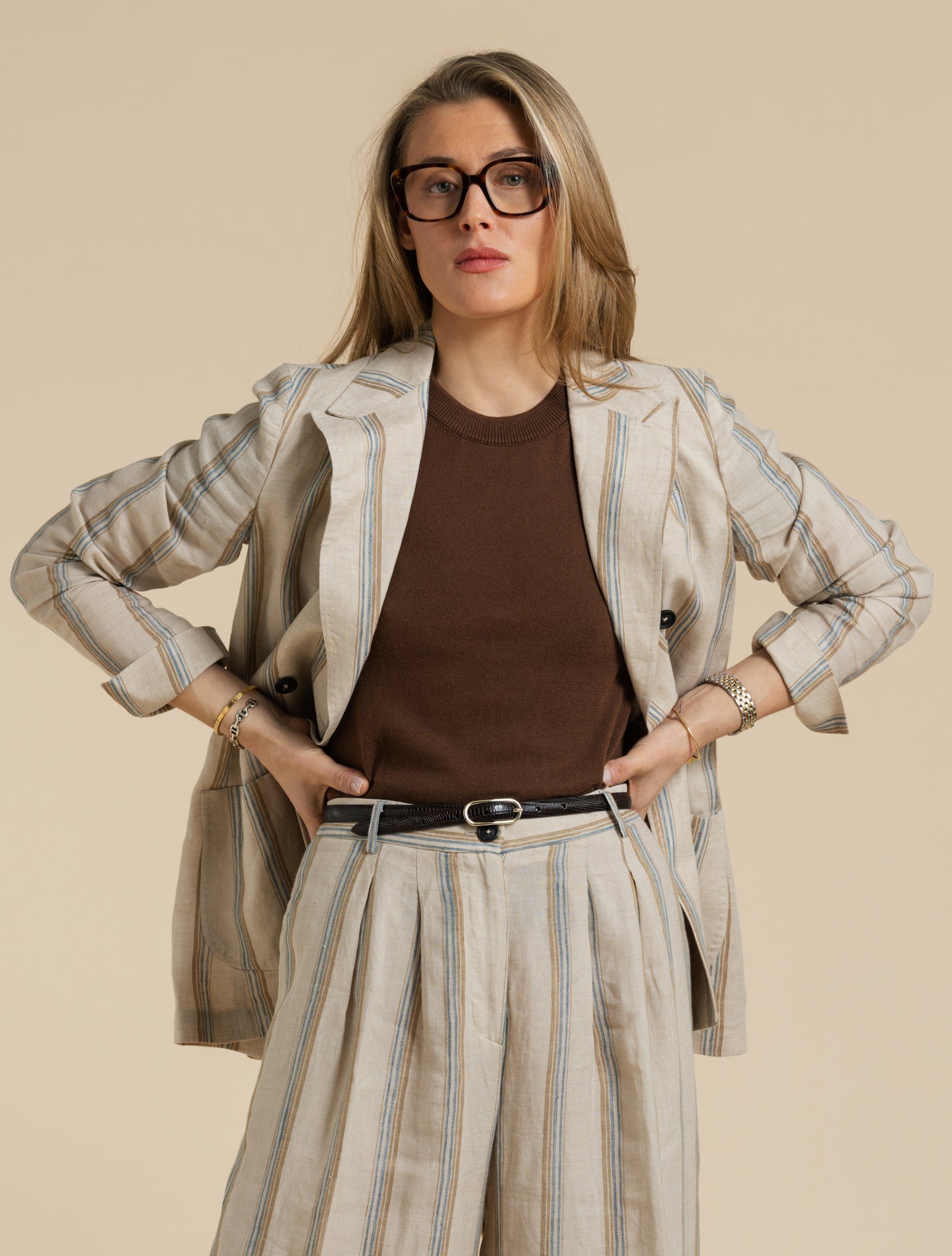 Double Breasted Striped Linen Jacket Beige Massimo Alba Jackets XS