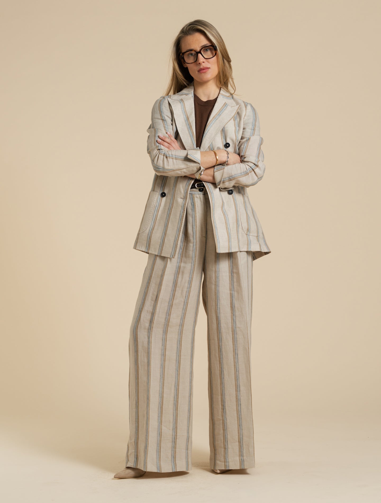 Double Breasted Striped Linen Jacket Beige Massimo Alba Jackets XS