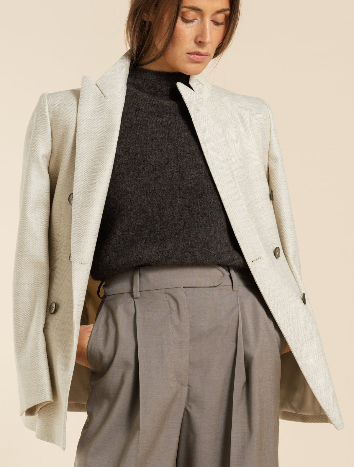Double Breasted Wool Silk Herringbone Jacket Beige Lardini Jackets IT 40