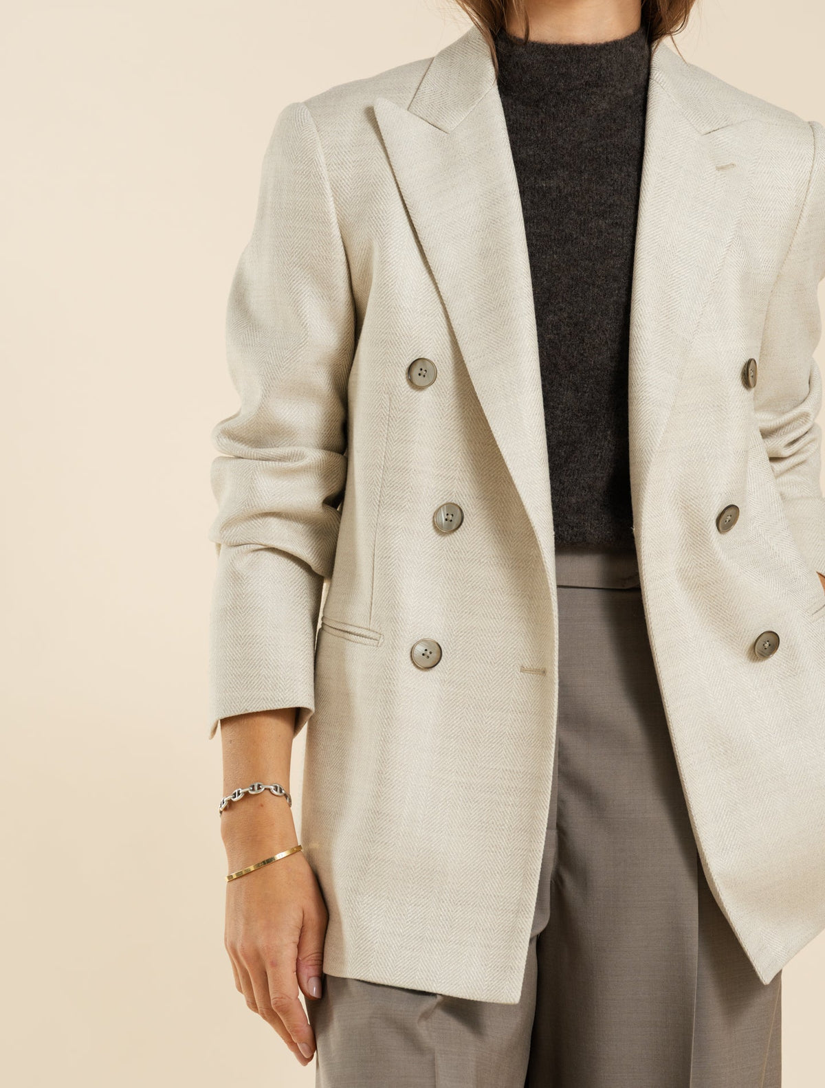 Double Breasted Wool Silk Herringbone Jacket Beige Lardini Jackets IT 40