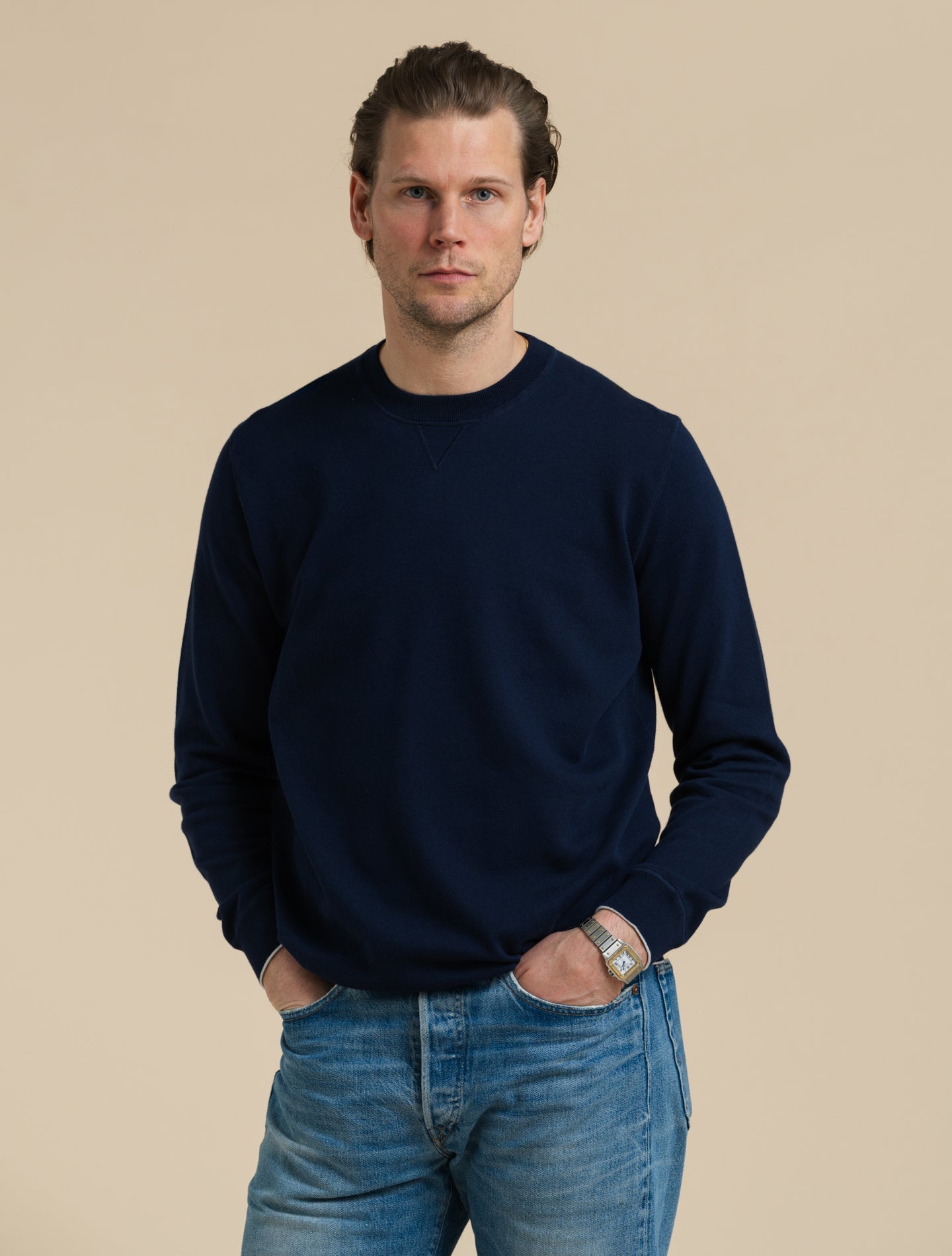 Egyptian Cotton Crewneck Sweater Navy Gabucci Knitwear 48