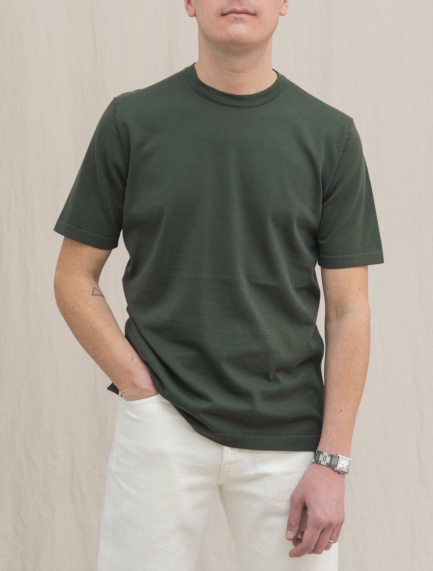 Fine Knitted Cotton Crewneck Short Sleeve Green | Gabucci