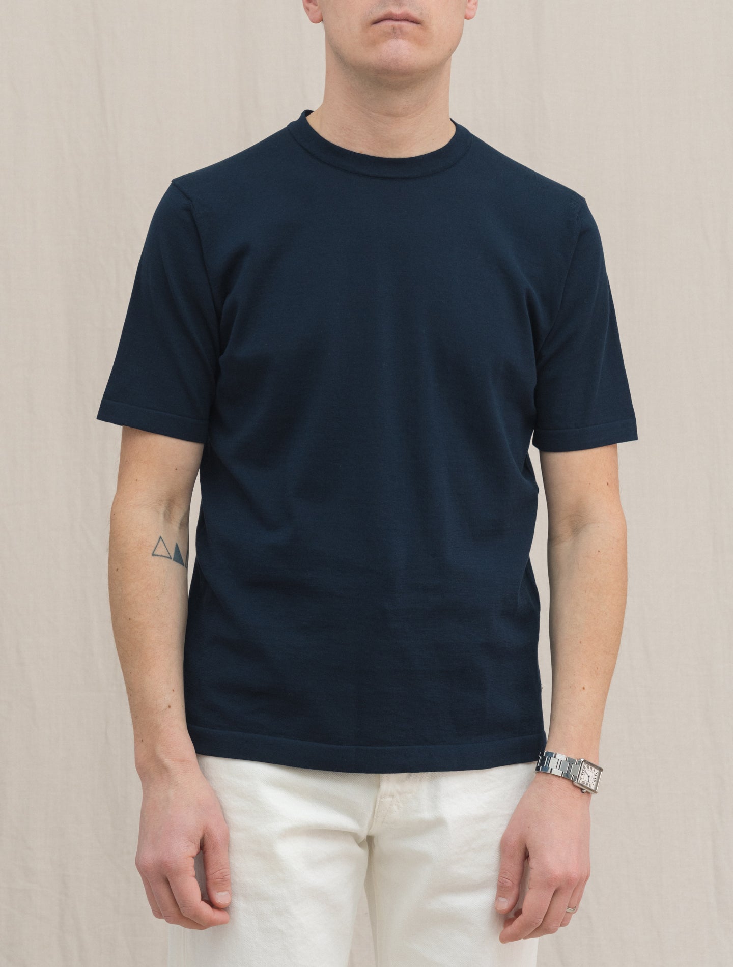 Fine Knitted Cotton Crewneck Short Sleeve Navy | Gabucci