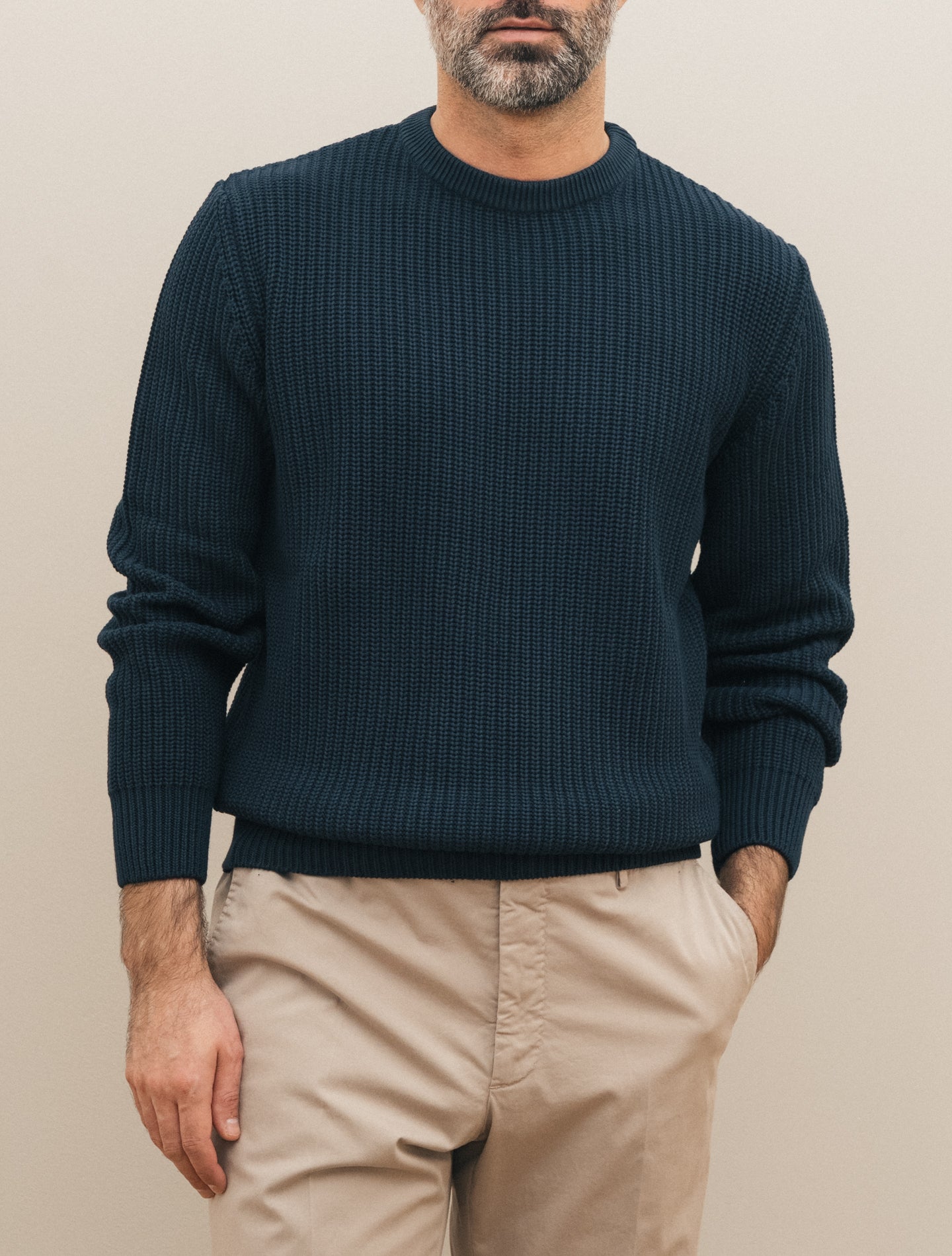 Fisherman Rib - Knitted Cotton Crewneck Navy Morgano Knitwear 46