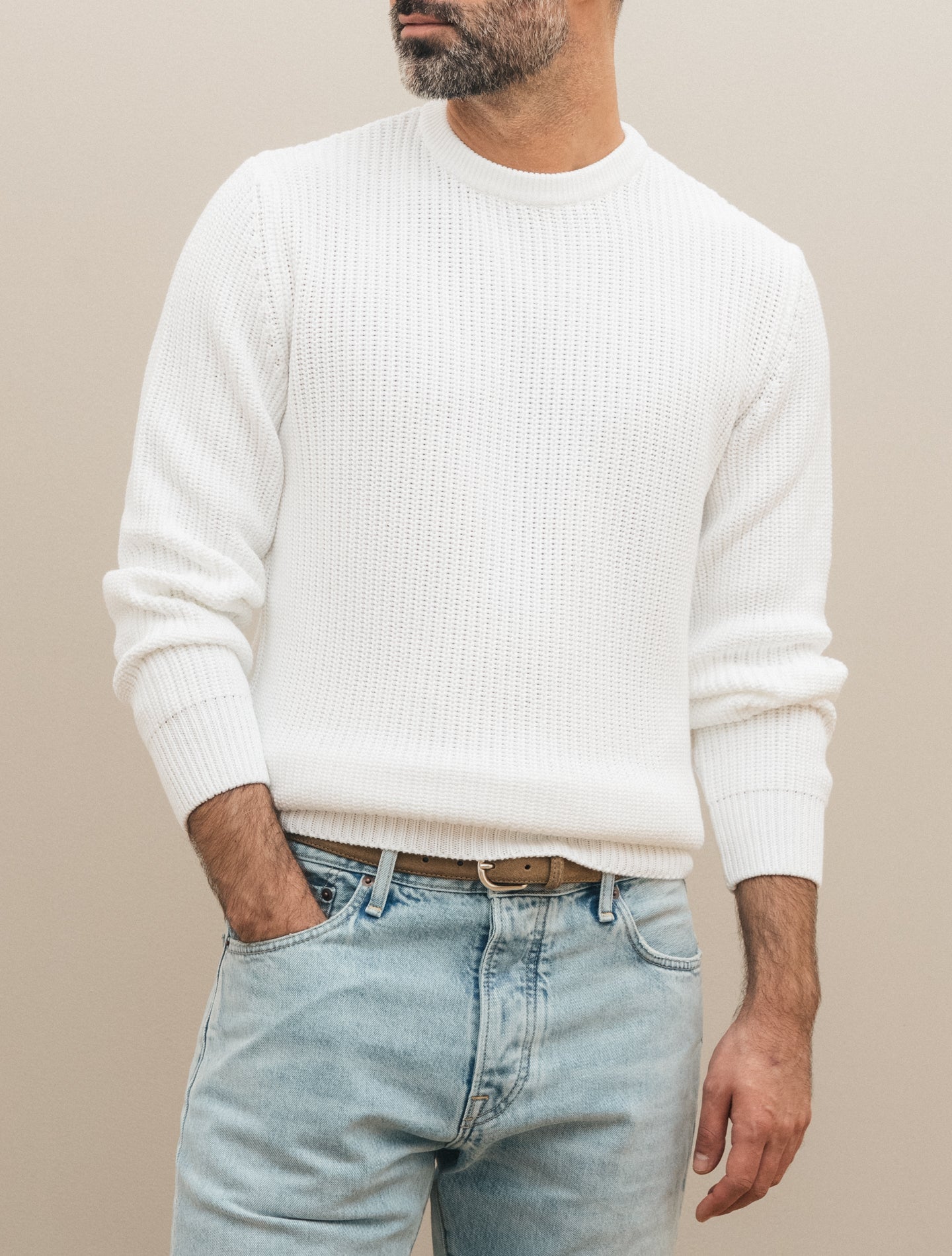 Fisherman Rib - Knitted Cotton Crewneck White Morgano Knitwear 46