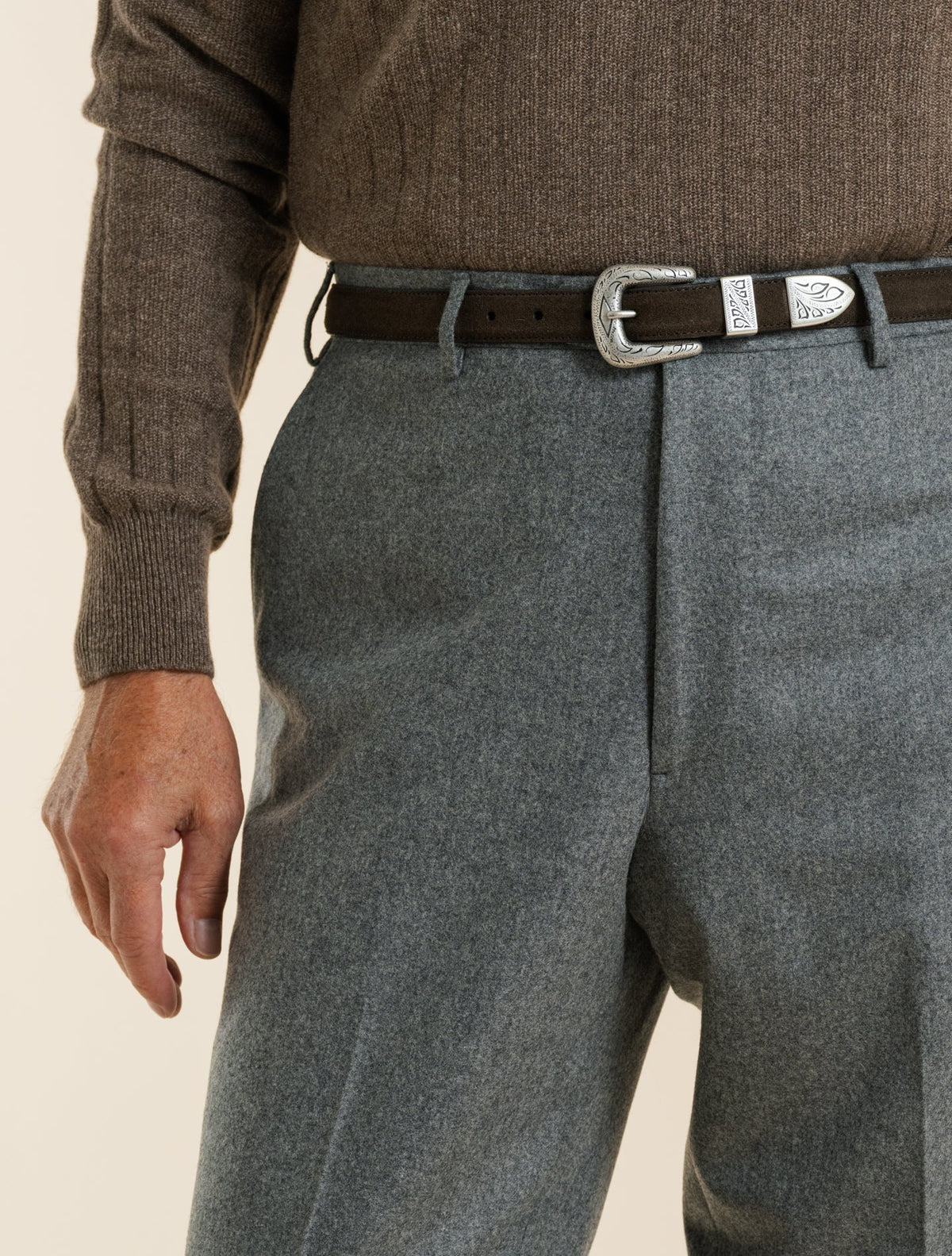 Flat Front 130 Flannel Wool Trousers Grey Santaniello Trousers 48