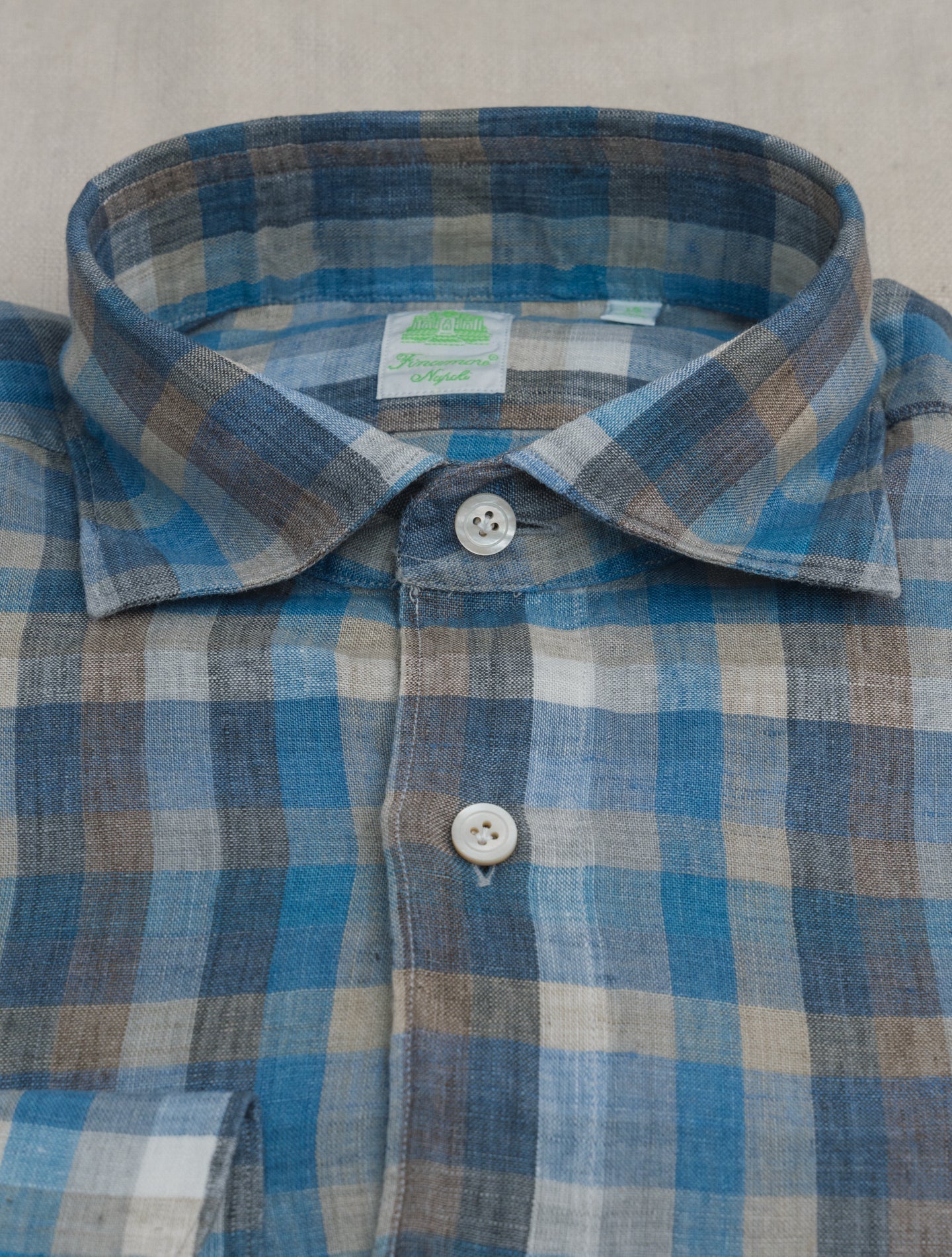 Gaeta Linen Check Cut Away Shirt Blue Finamore Shirts 39
