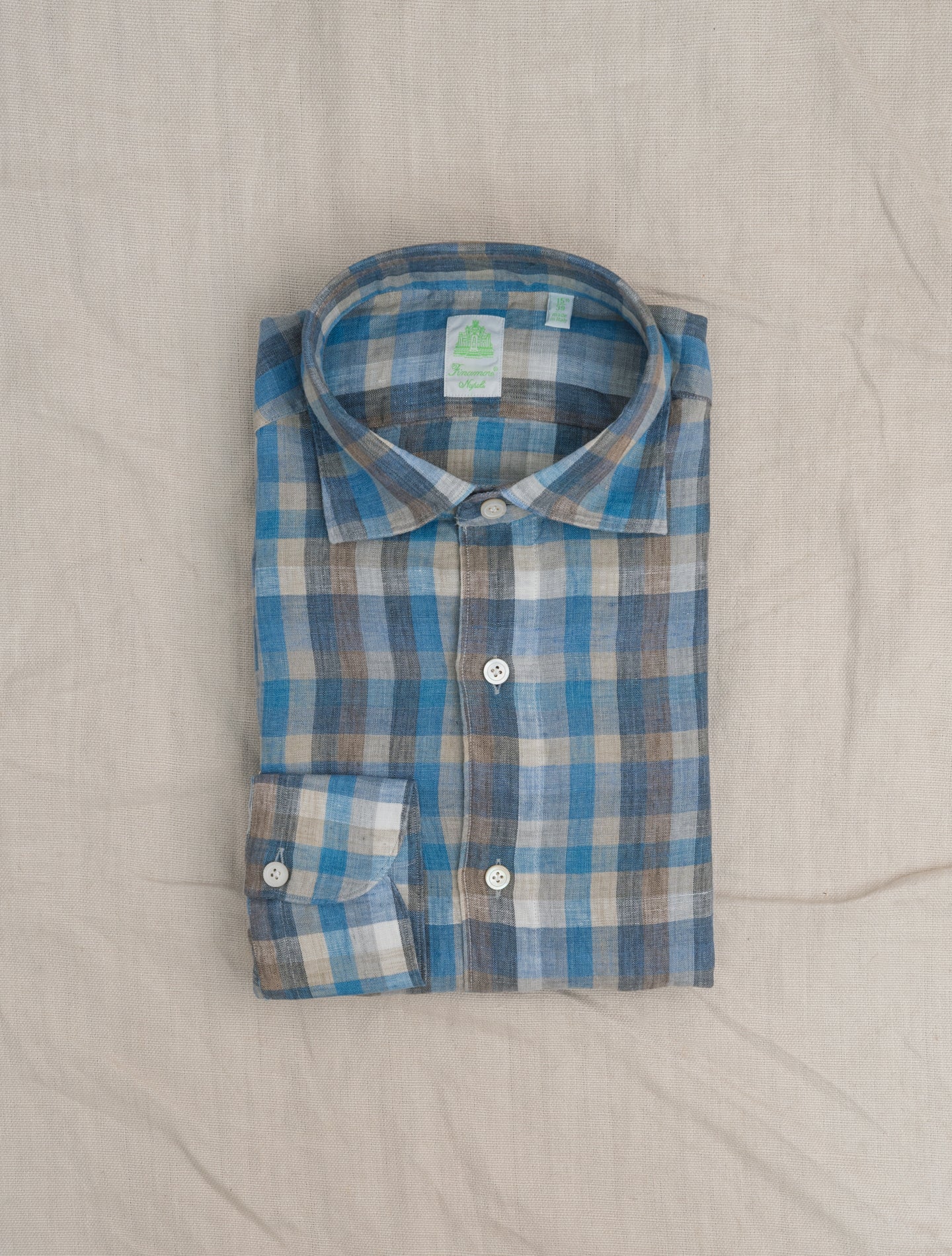 Gaeta Linen Check Cut Away Shirt Blue Finamore Shirts 39