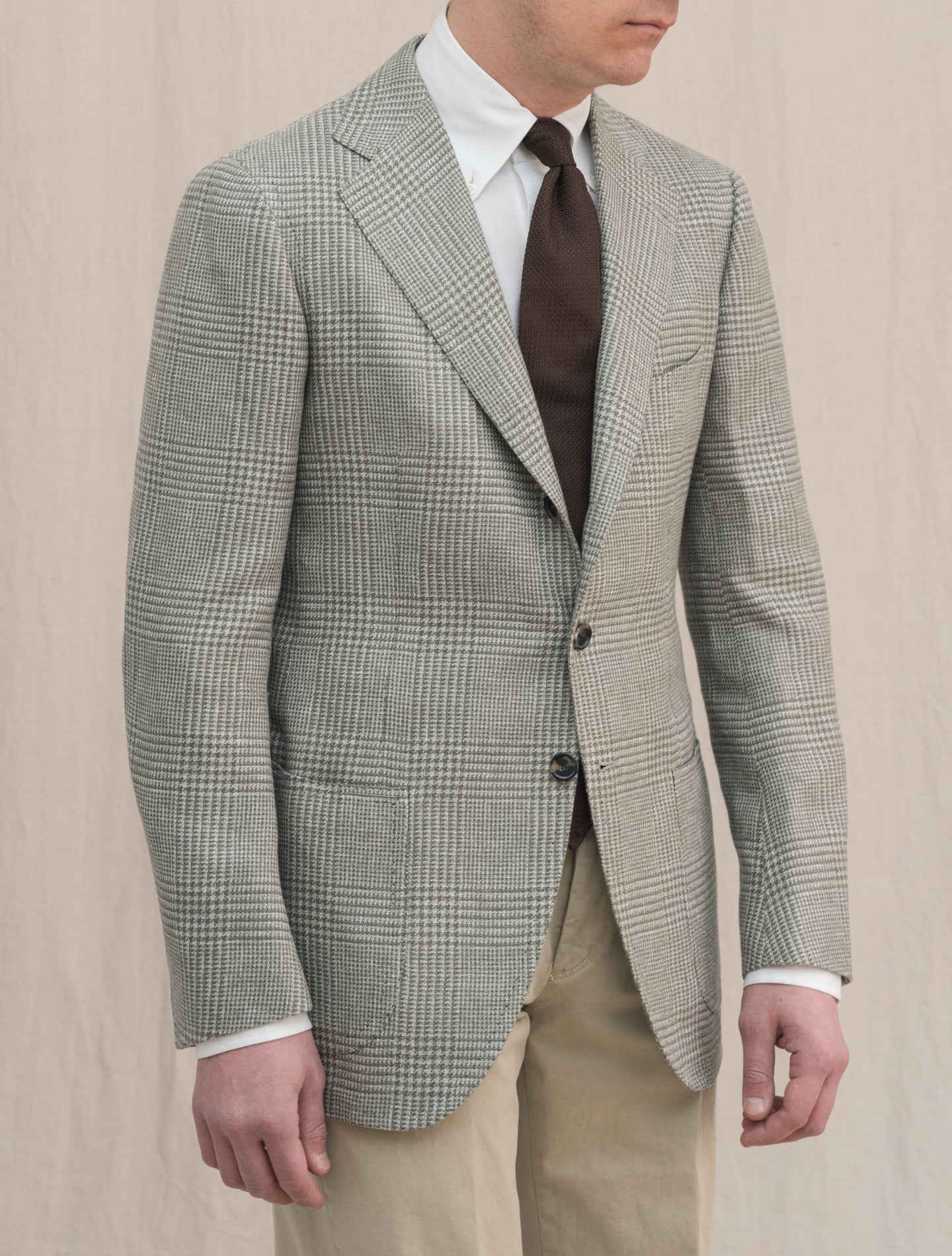 Handmade Glencheck Linen Wool Silk Jacket Green | Gabucci