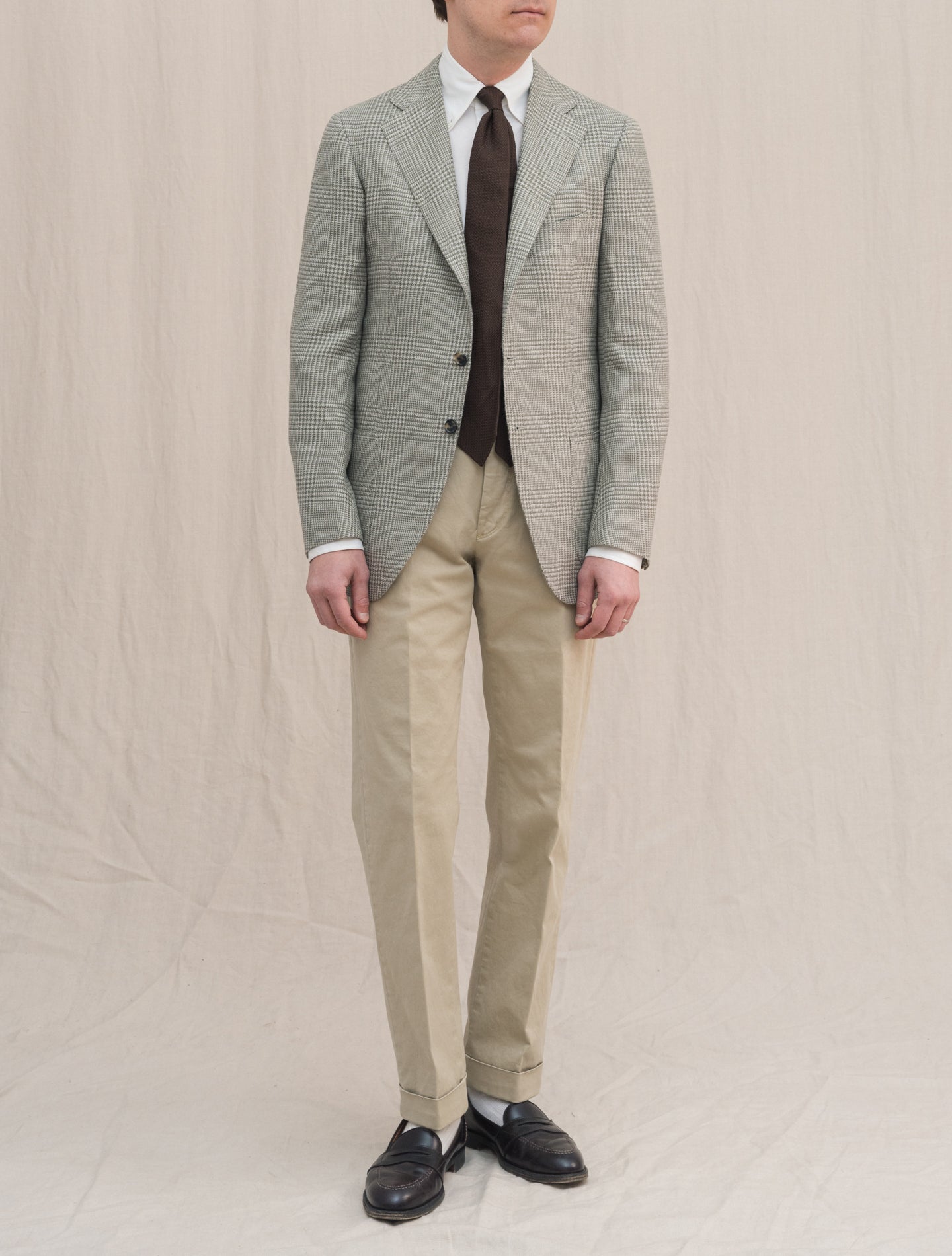 Handmade Glencheck Linen Wool Silk Jacket Green | Gabucci