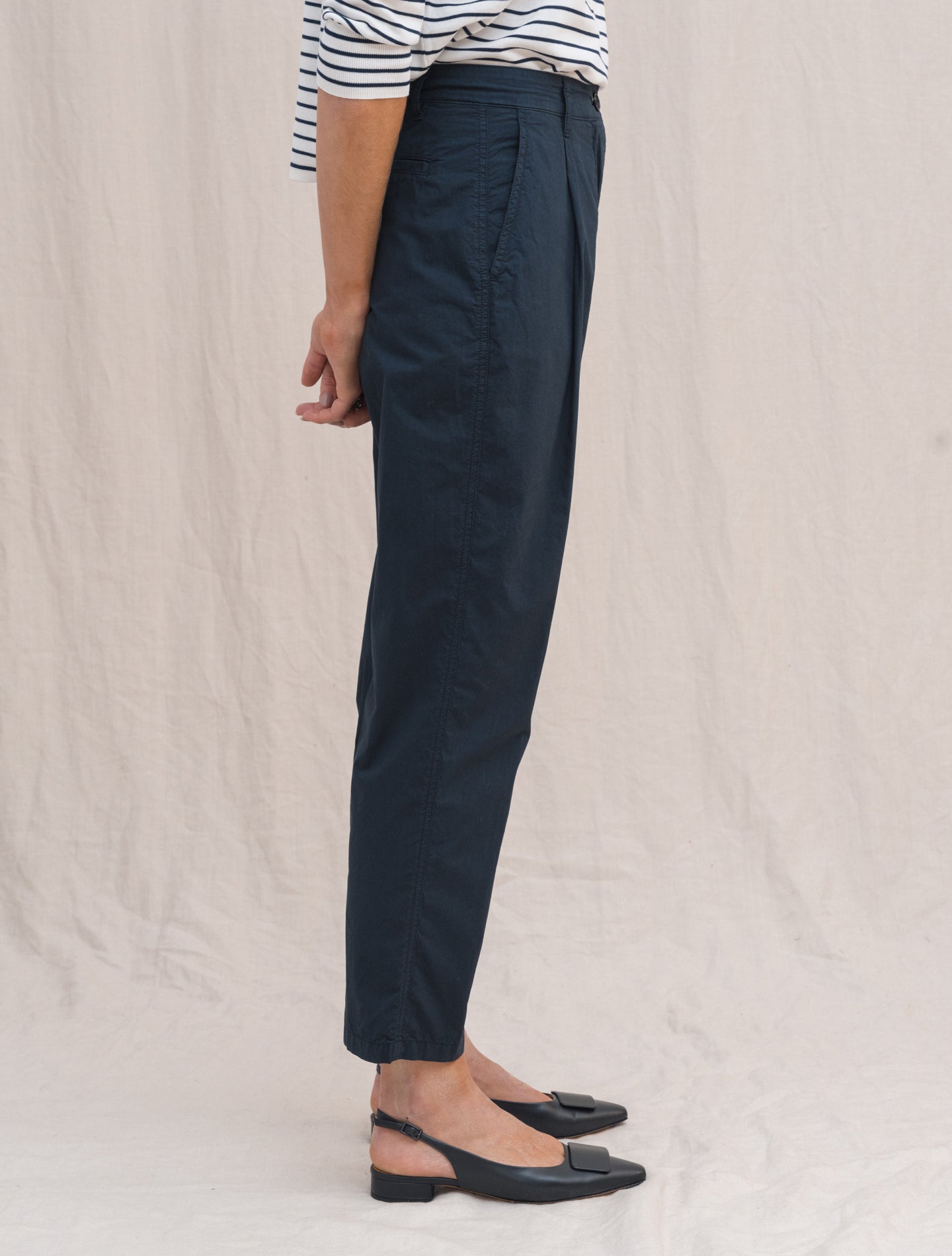 High Waist Tapered Washed Poplin Trousers Navy Aspesi Trousers IT 38