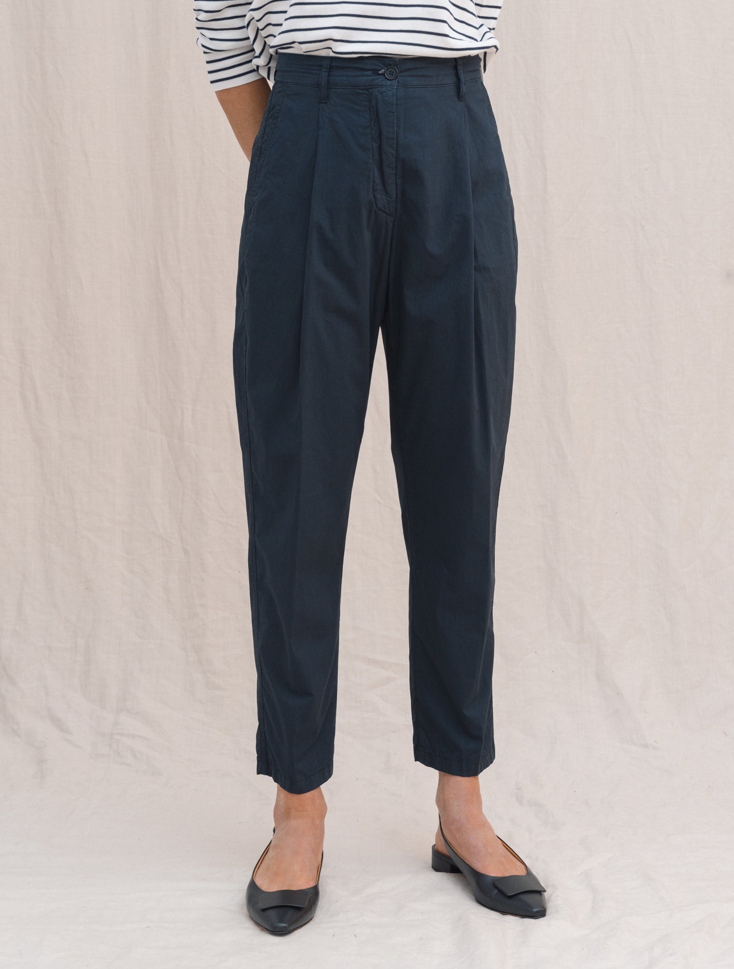 High Waist Tapered Washed Poplin Trousers Navy Aspesi Trousers IT 38