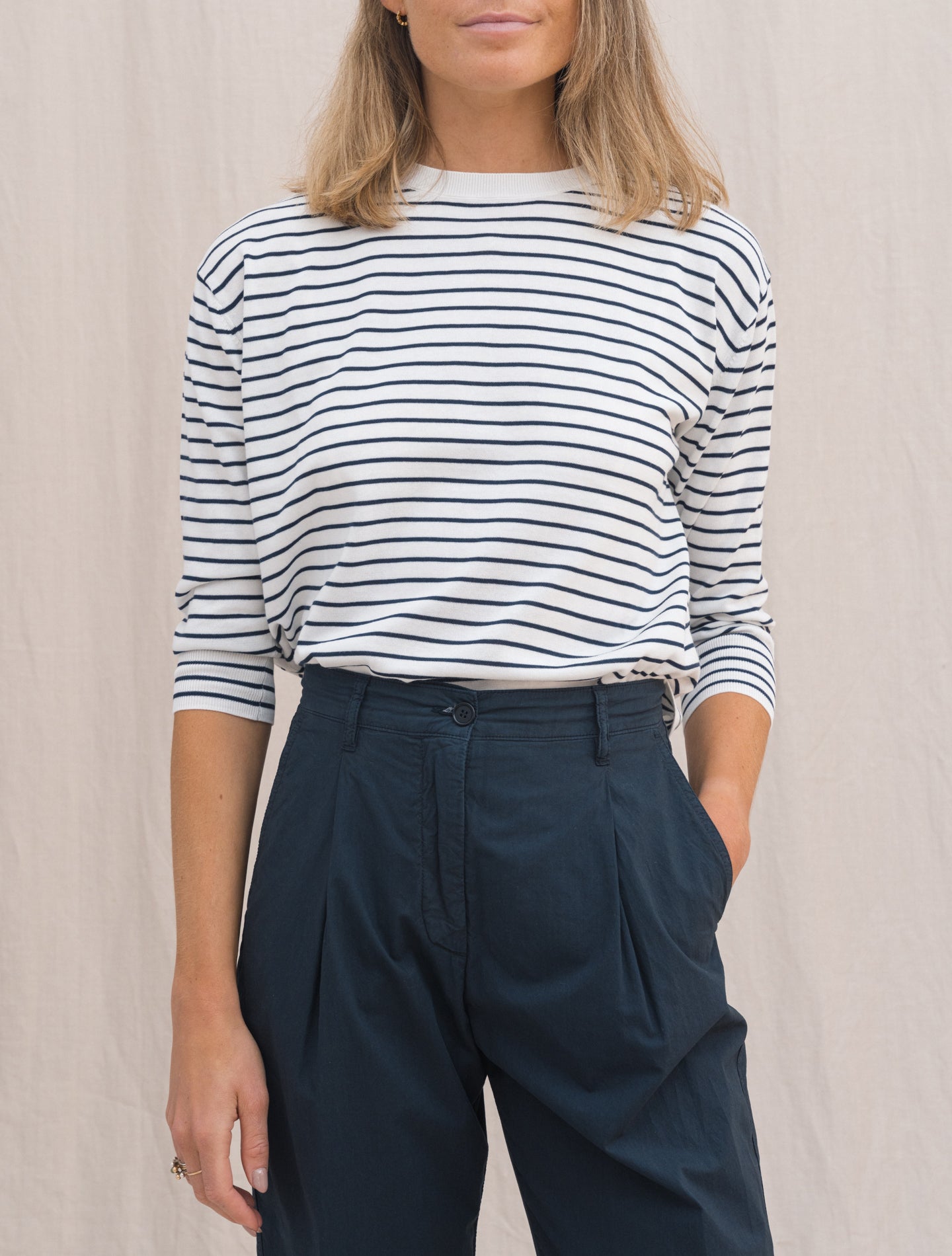 High Waist Tapered Washed Poplin Trousers Navy Aspesi Trousers IT 38