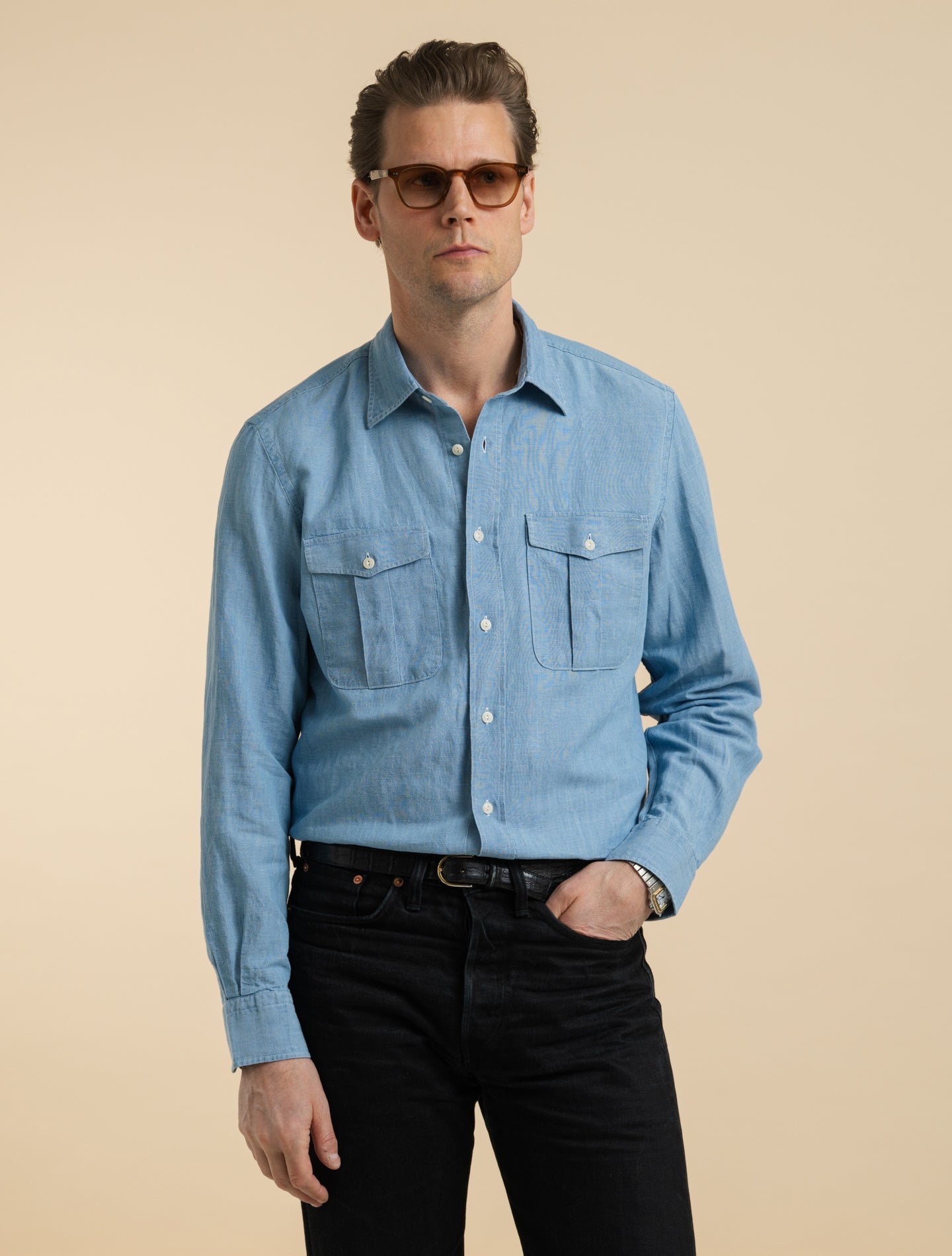 Japanese Chambray Utility Shirt Blue Mazzarelli Shirts 38