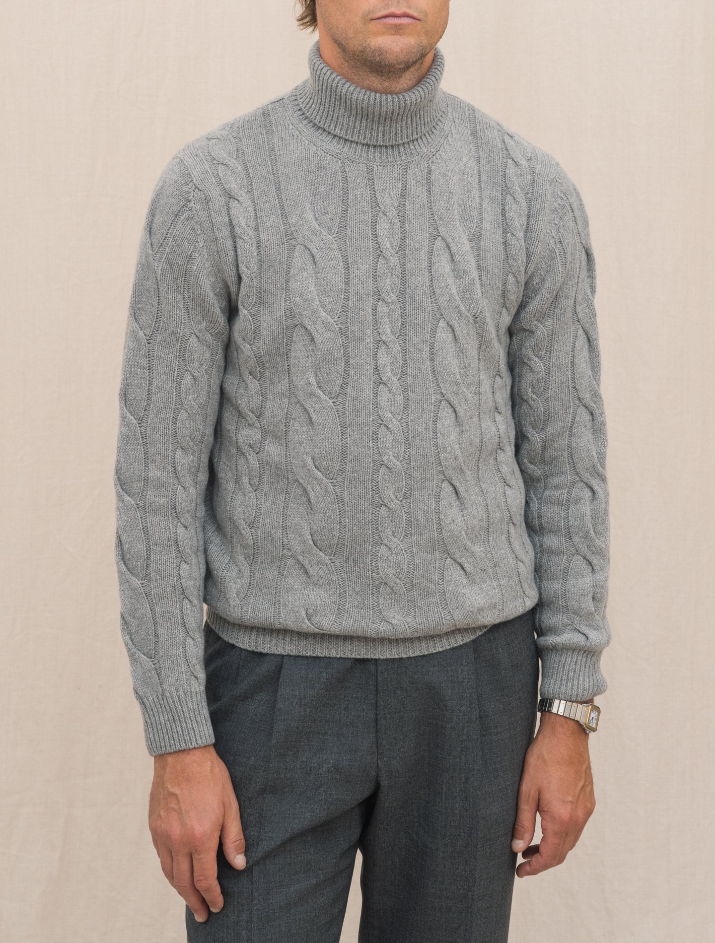 Knitted Cashmere Cable Rollneck Grey Gabucci Knitwear Gabucci