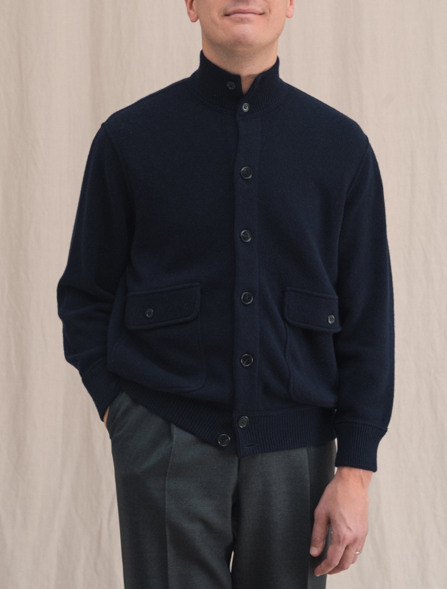 Knitted Wool Cashmere Bomber Navy | Gabucci