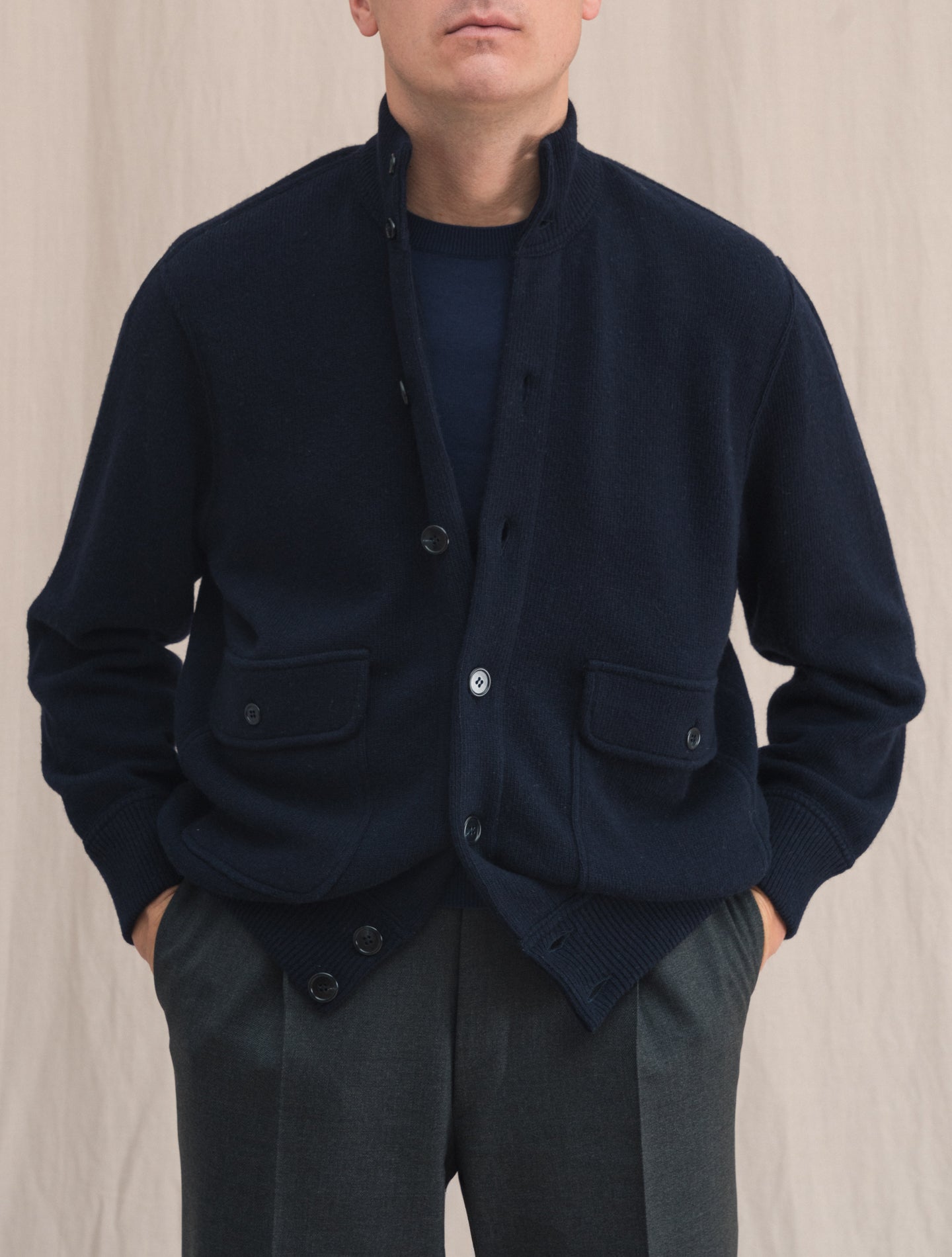 Knitted Wool Cashmere Bomber Navy | Gabucci