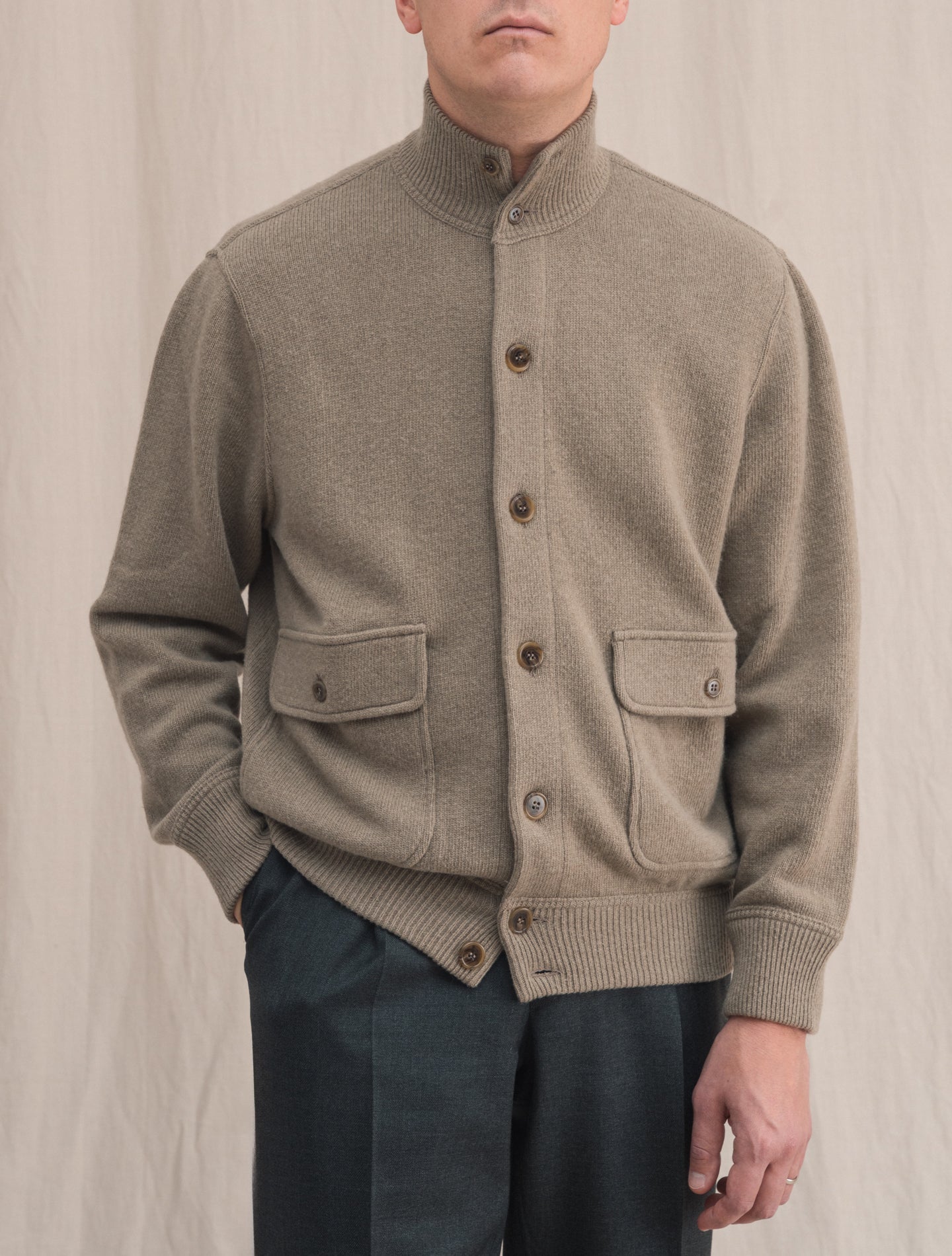 Knitted Wool Cashmere Bomber Taupe | Gabucci