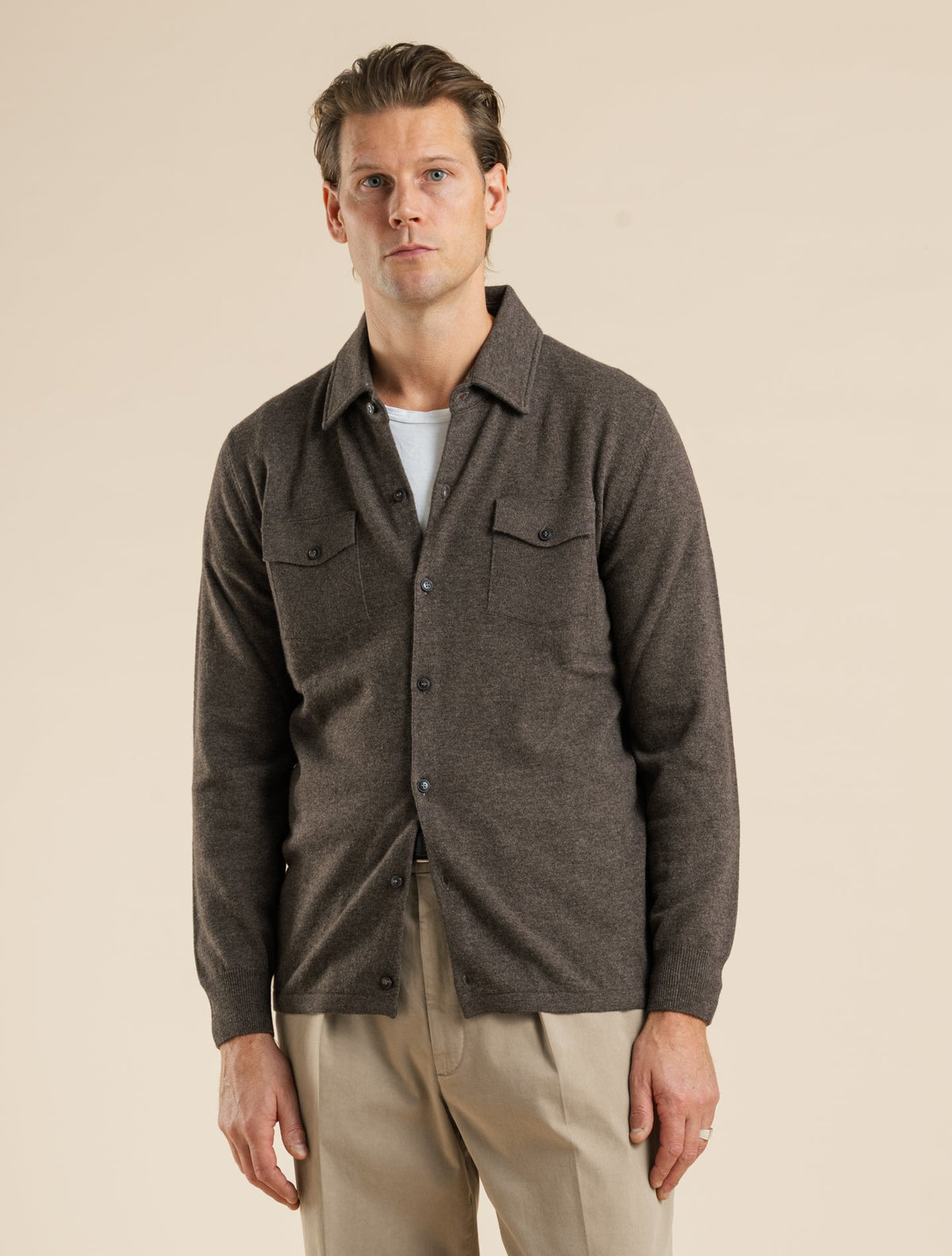 Knitted Wool Shirt Brown Melange Gabucci Knitwear 48
