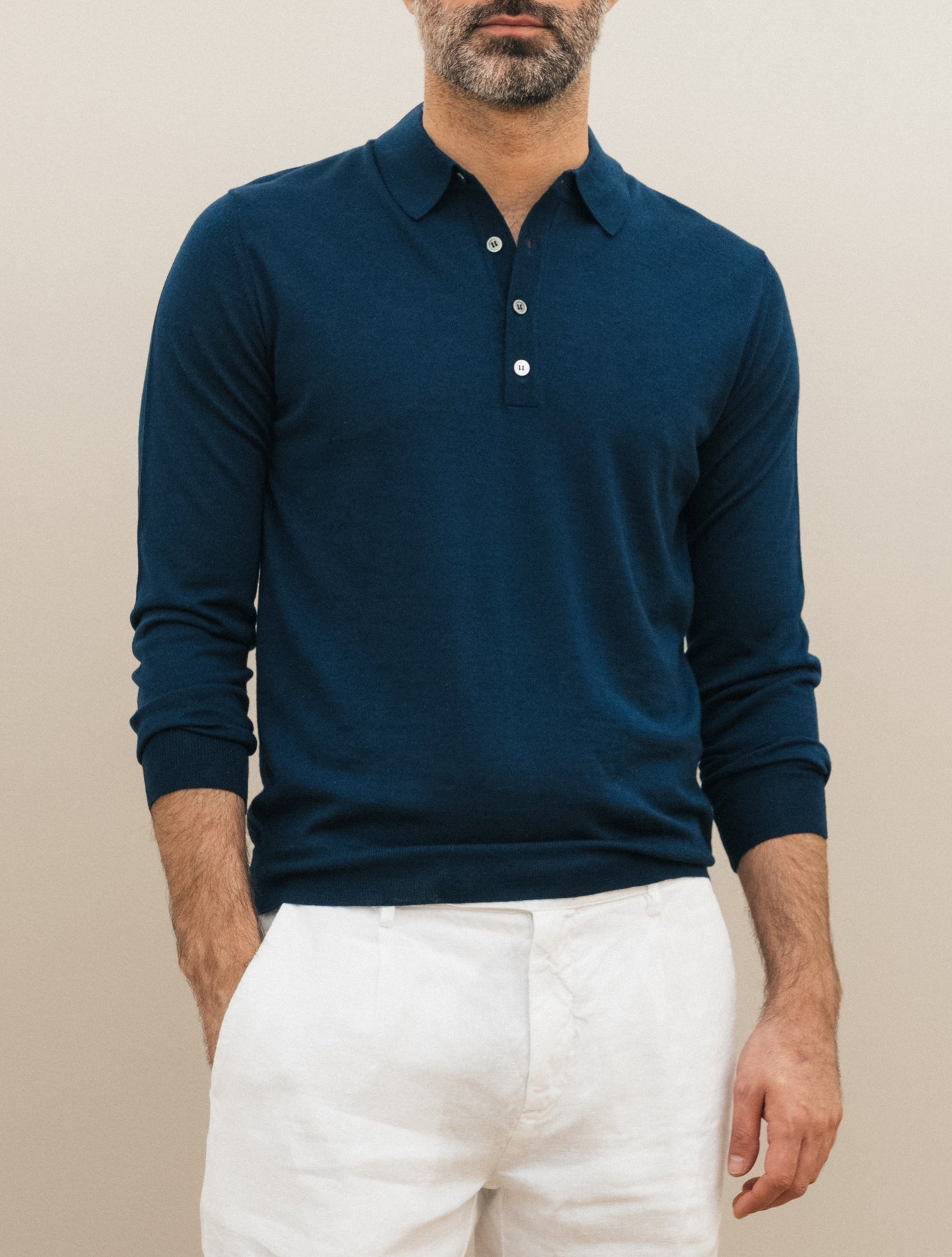 Knitted Wool Silk Polo Shirt Long Sleeve Blue Morgano Polo shirts 48