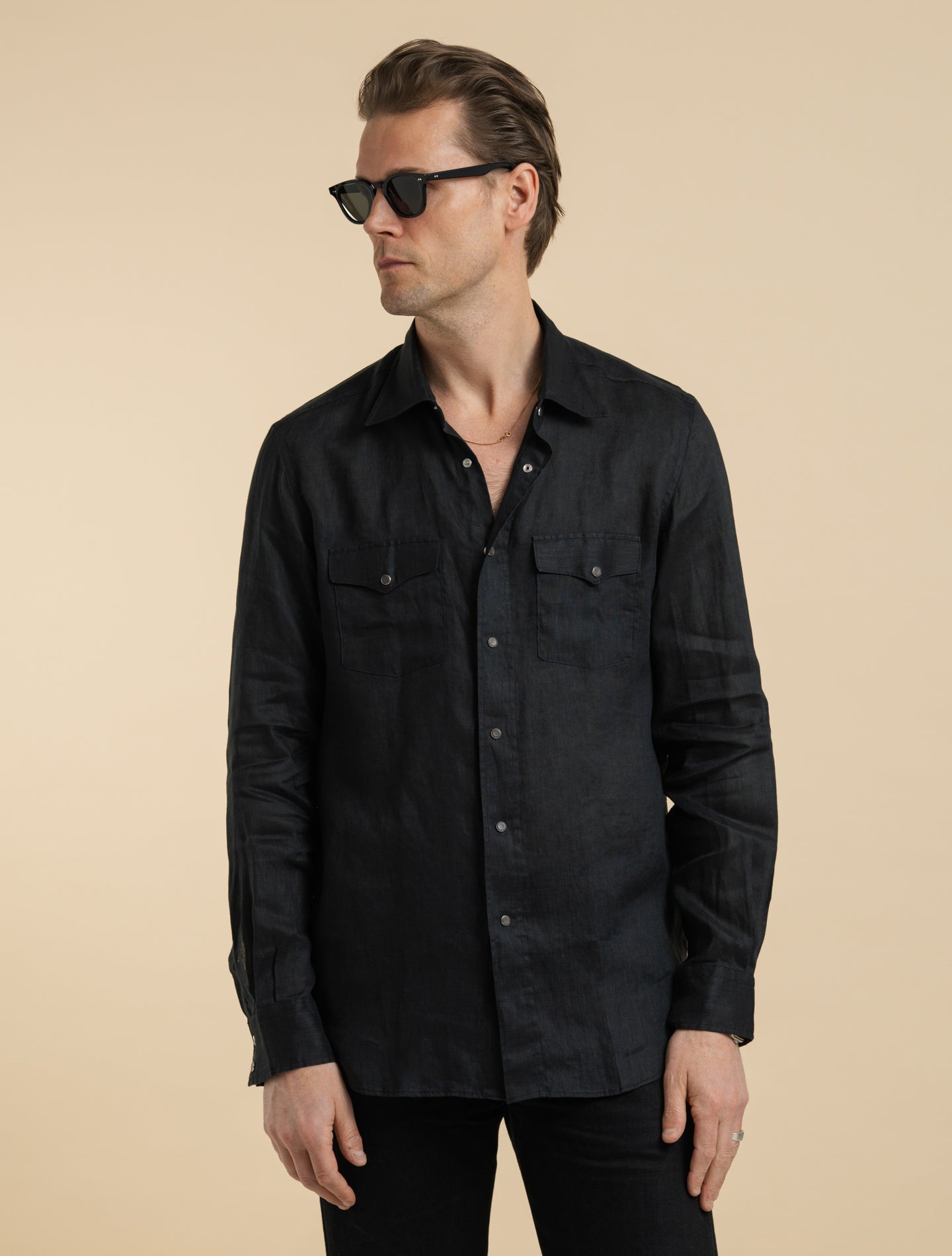 Linen Snap Button Shirt Black Mazzarelli Shirts 38