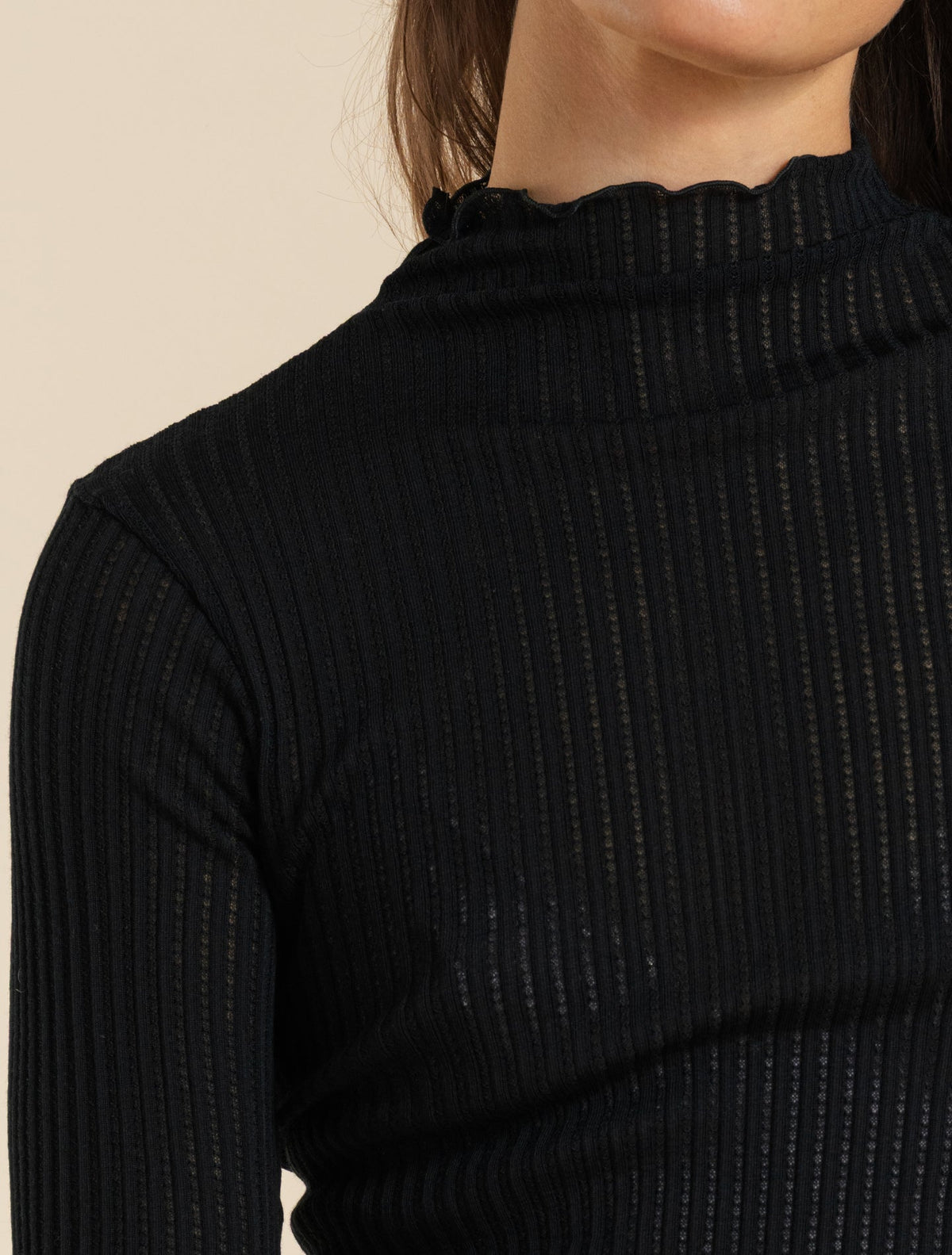 Long Sleeve Wool Silk Mock Neck Top Black Oscalito Knitwear XS
