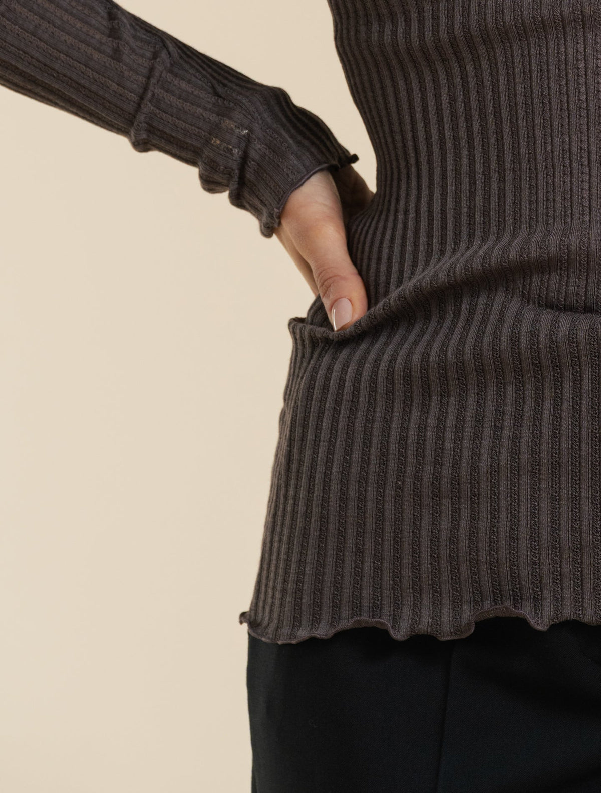 Long Sleeve Wool Silk Mock Neck Top Taupe Oscalito Knitwear XS