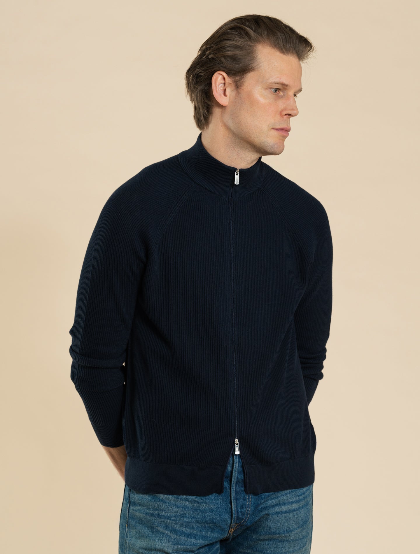 Paul Merino Raglan Full Zip Navy Fedeli Knitwear 48