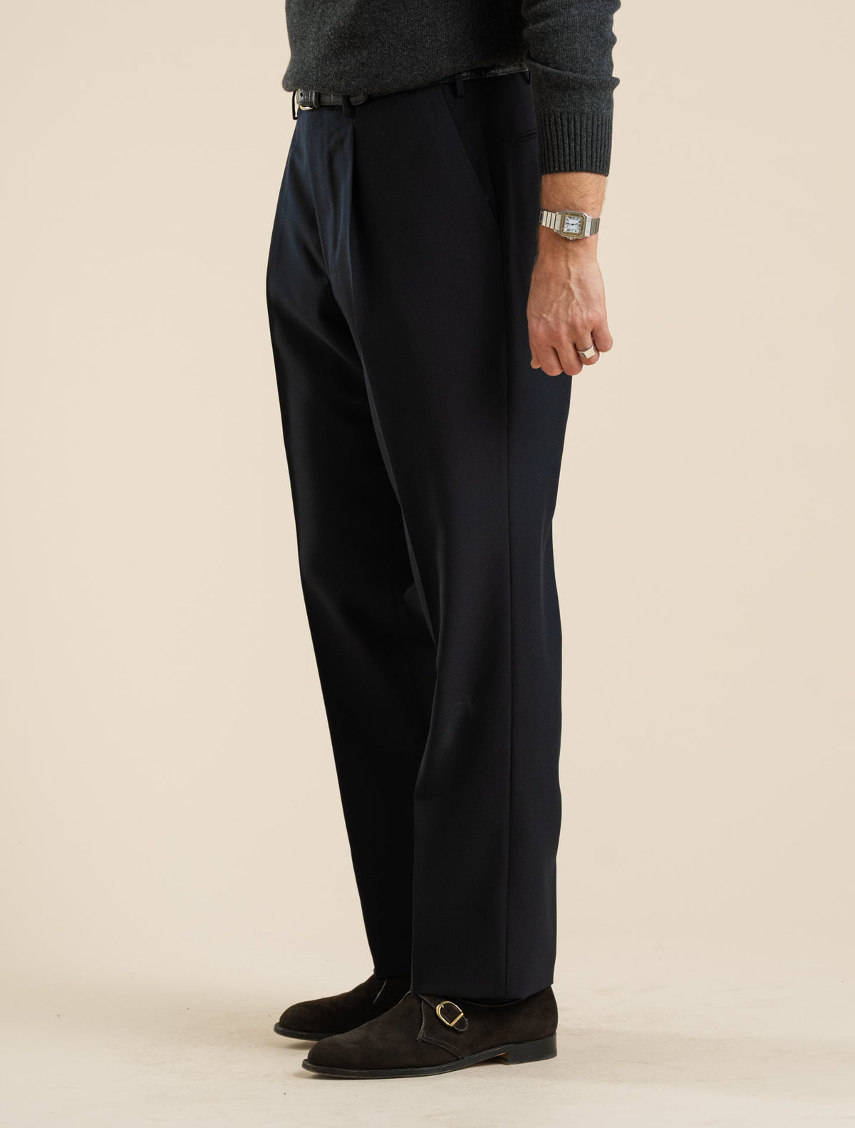 Pleated High Twist Wool Dress Trousers Navy Santaniello Trousers 48
