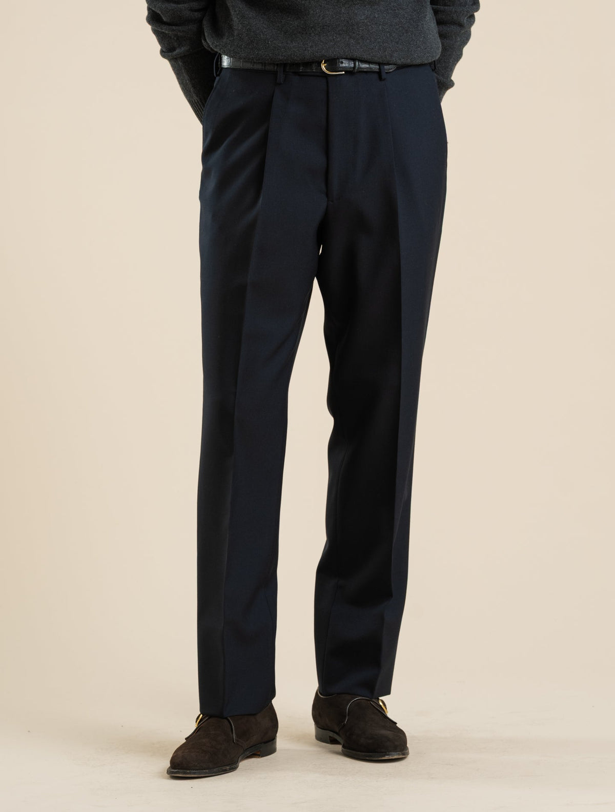 Pleated High Twist Wool Dress Trousers Navy Santaniello Trousers 48