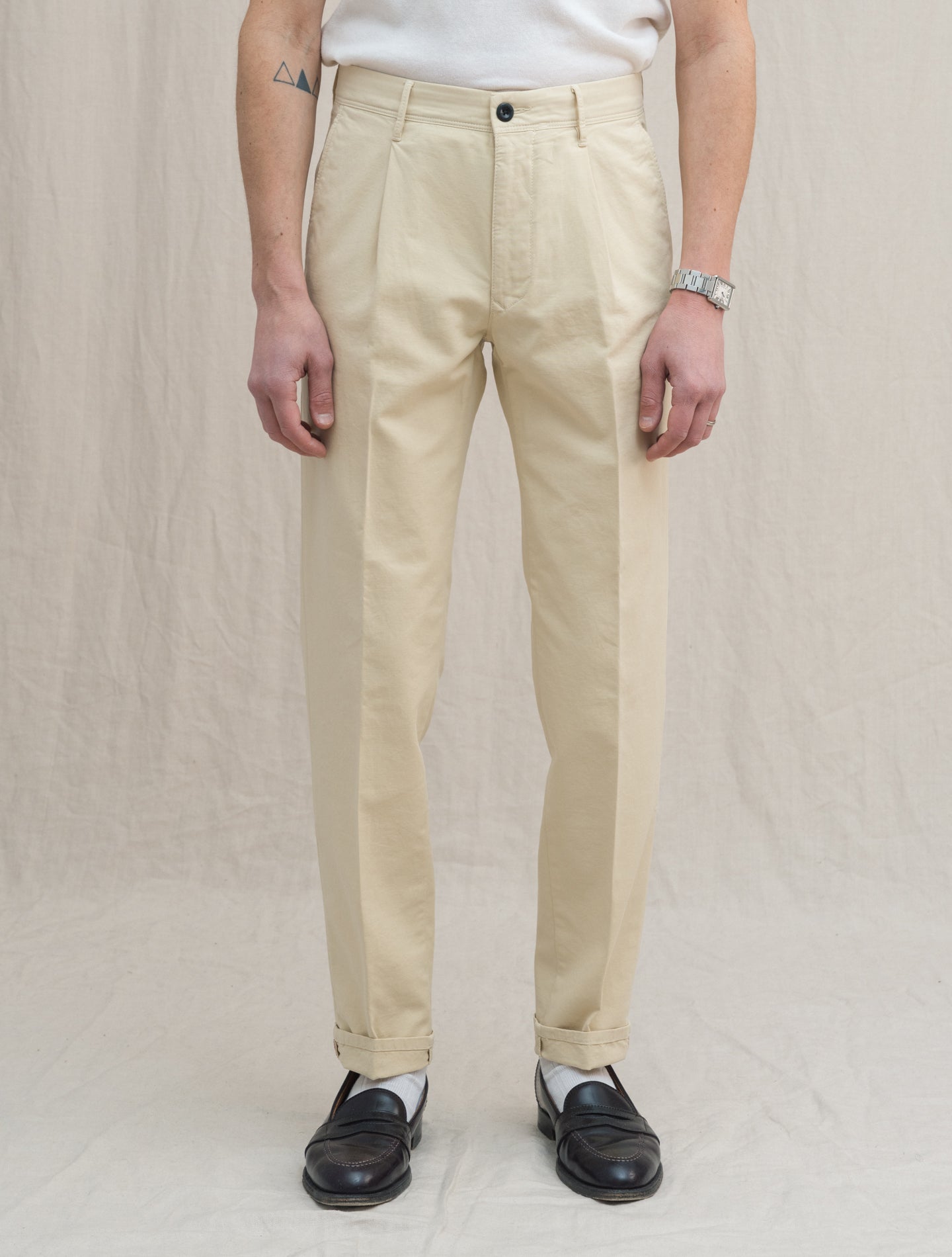 Pleated Slacks Tapered Fit Trousers Cream Incotex Trousers 31