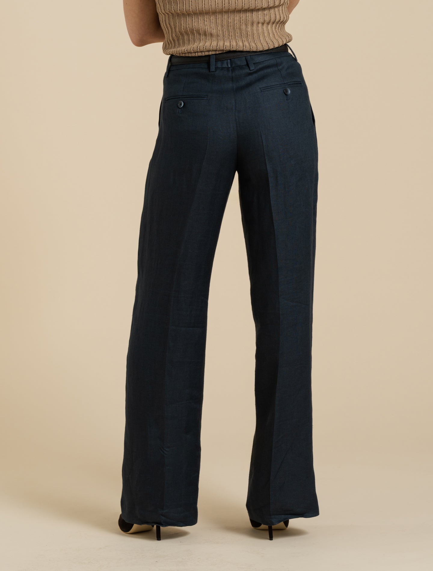 Pleated Straight Leg Linen Twill Trousers Navy Lardini Trousers IT 38