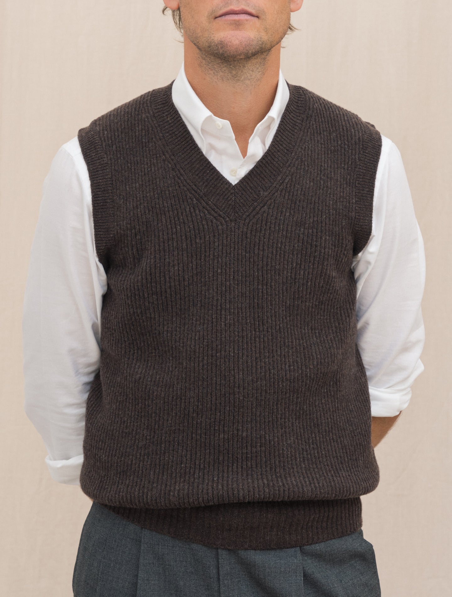 Rib Knitted Wool Sweater Vest Brown Gabucci Knitwear Gabucci