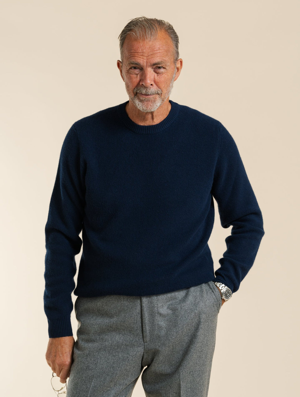 Ribb-Knit Baby Cashmere Crewneck Navy Fioroni Knitwear 48