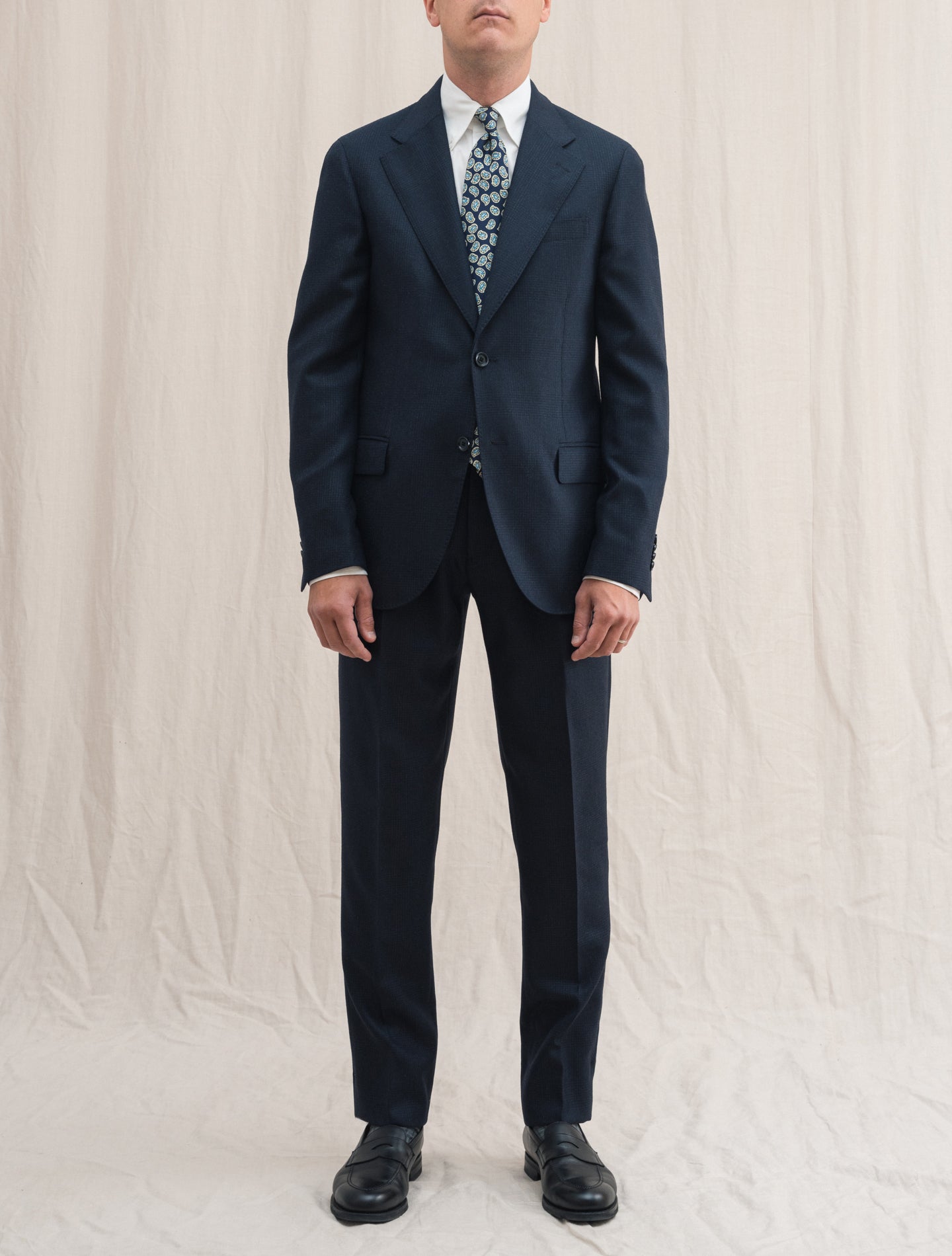 Single Breasted Checked Wool Suit Navy | Gabucci