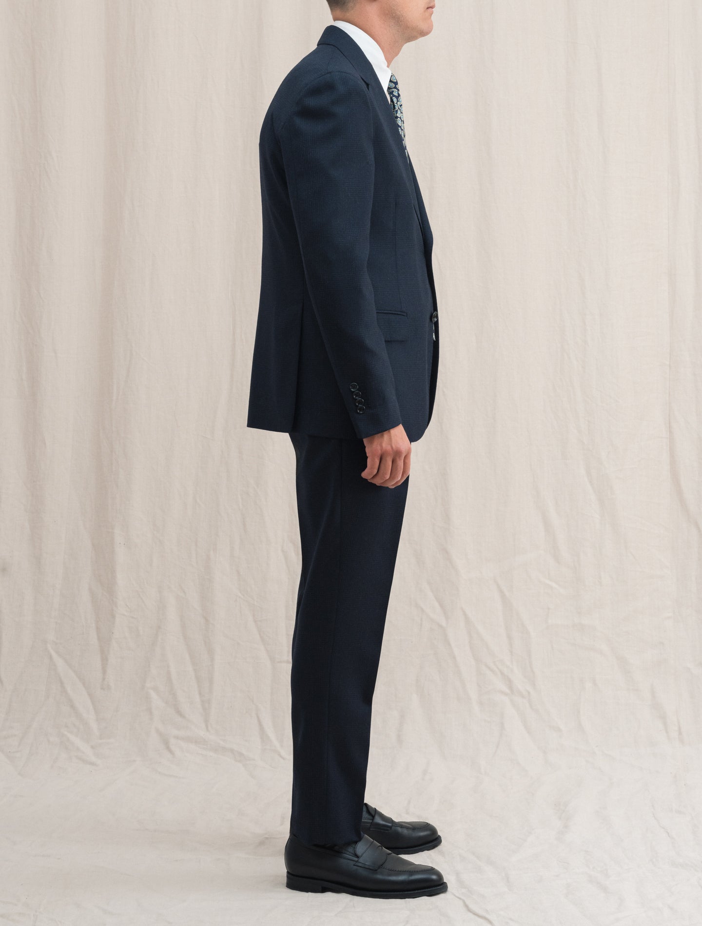 Single Breasted Checked Wool Suit Navy | Gabucci