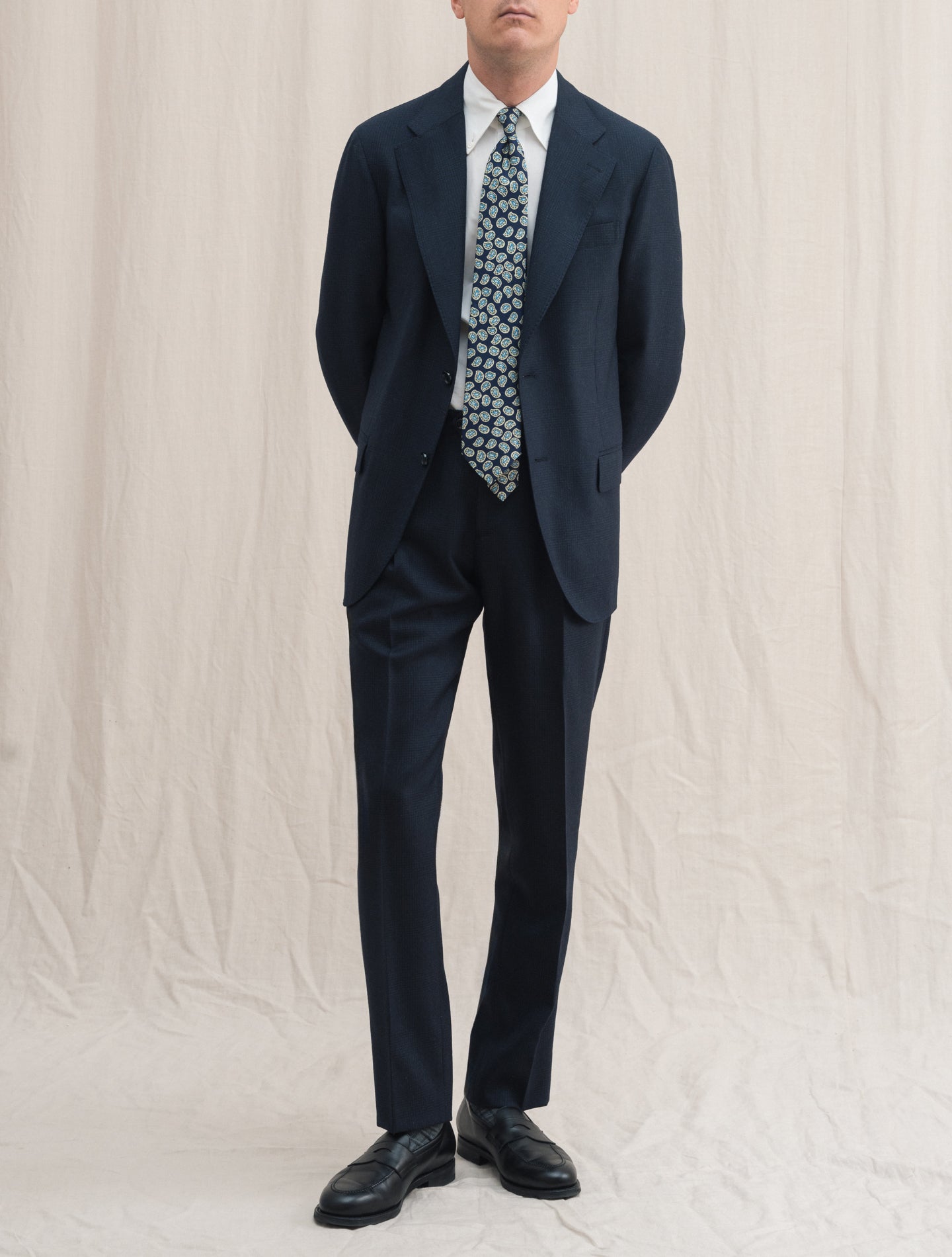 Single Breasted Checked Wool Suit Navy | Gabucci