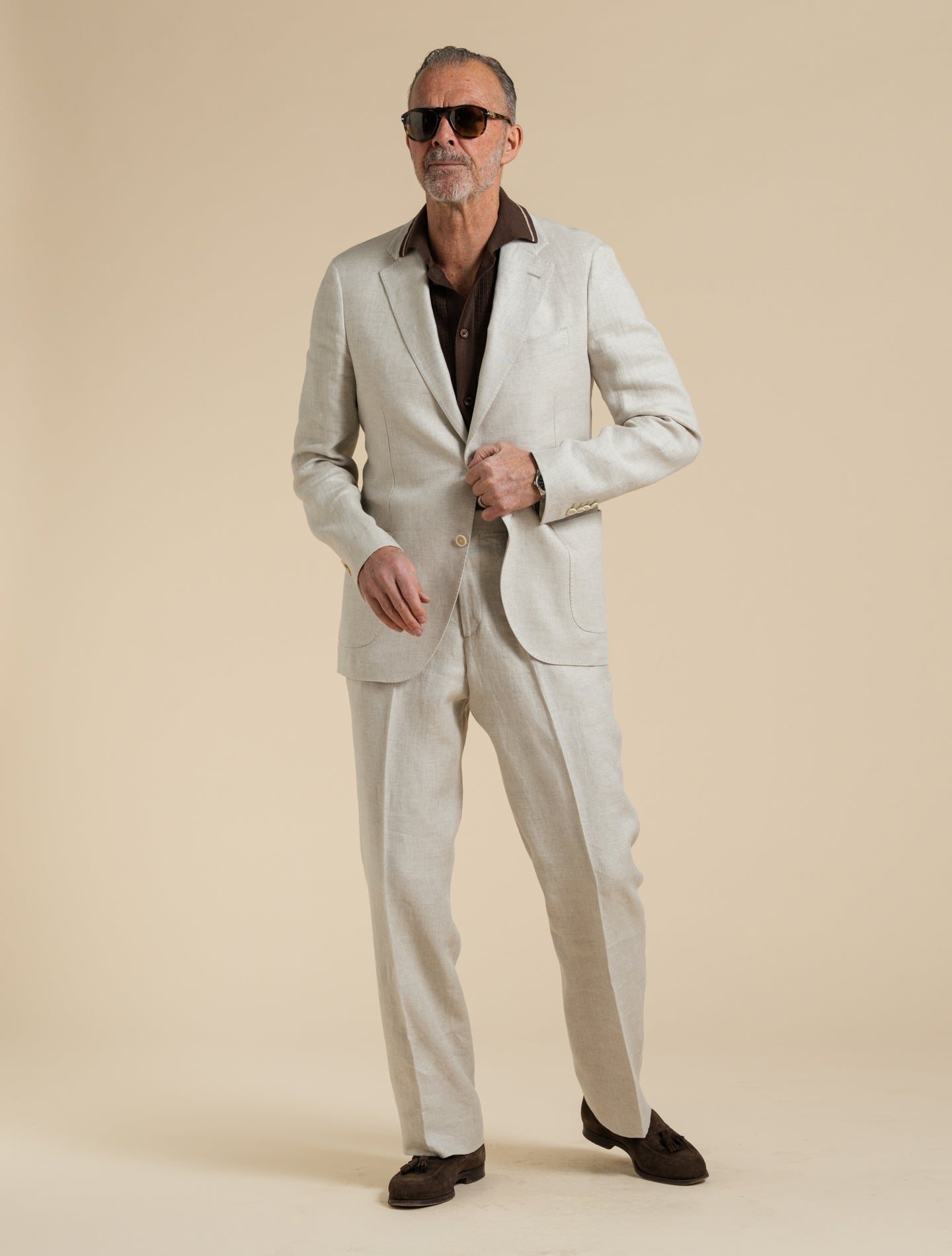 Single Breasted Linen Herringbone Suit Jacket Sand Lardini 48