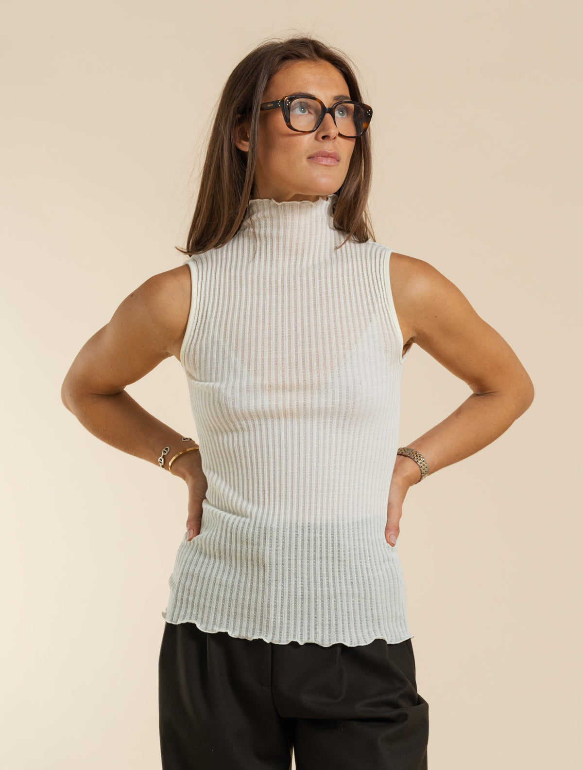 Sleeveless Wool Silk Mock Neck Top Champange Oscalito Knitwear XS