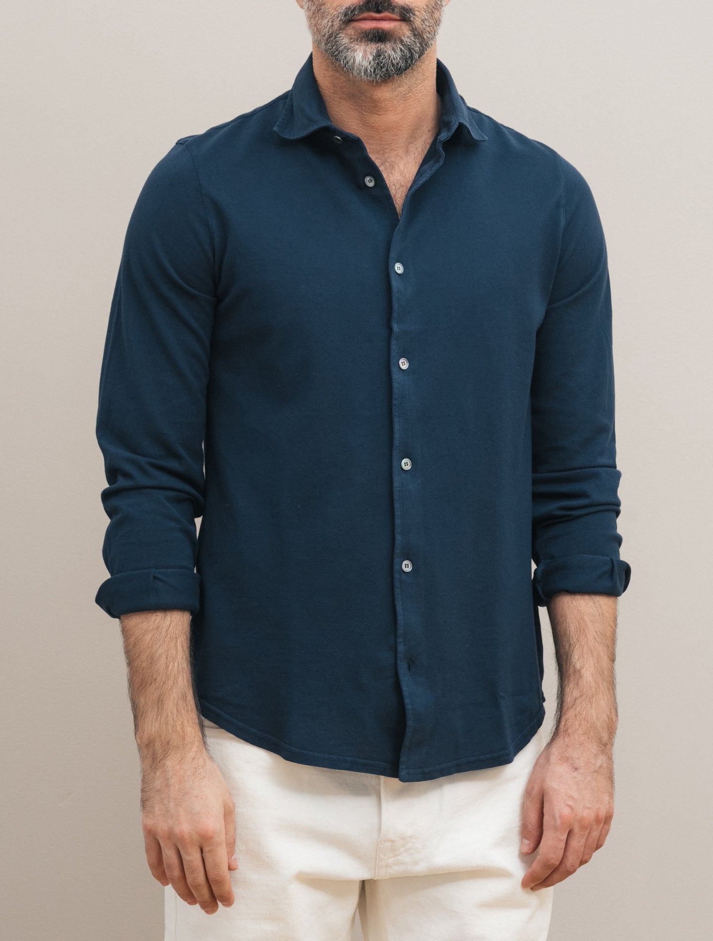 Steve Organic Cotton Pique Shirt Navy Fedeli Shirts 48