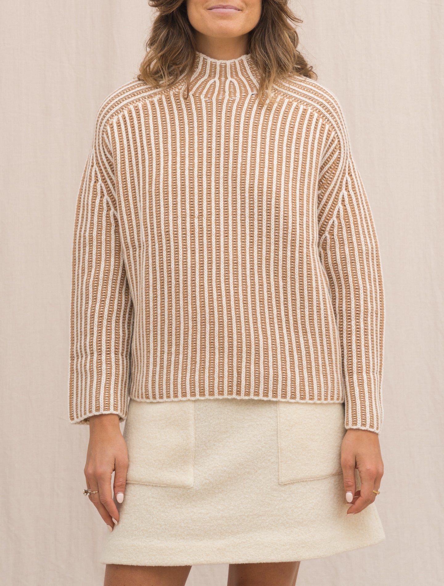 Stiped Knitted Wool Mockneck Sweater Camel Aspesi Knitwear Gabucci