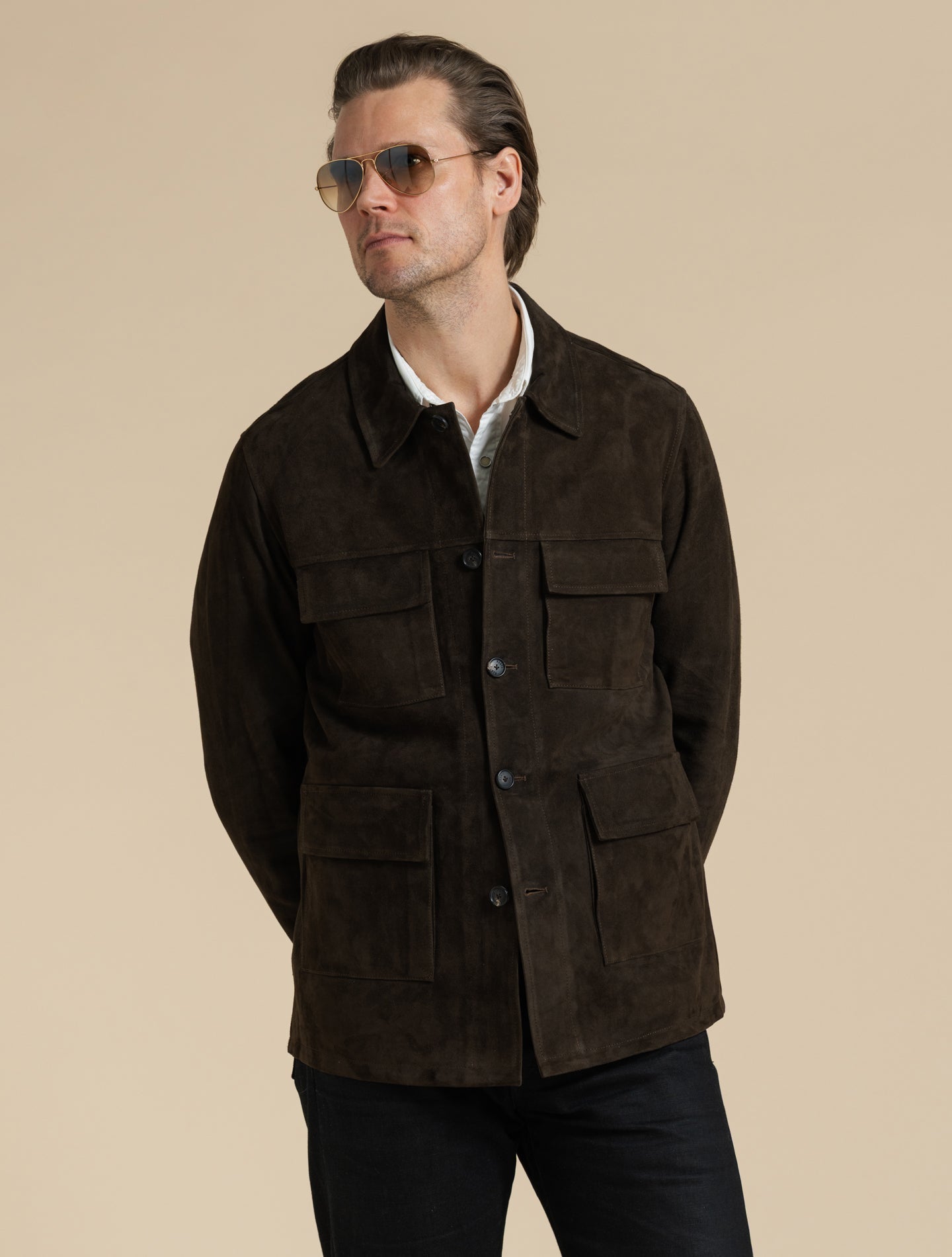 Suede Field Safari Jacket Dark Brown Manto Outerwear 48