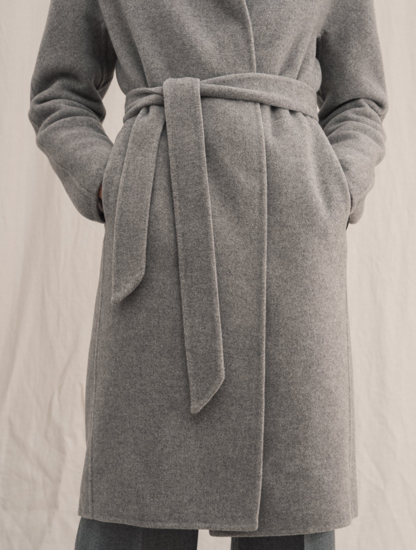 Wool Cashmere Belted Coat Light Grey | Gabucci