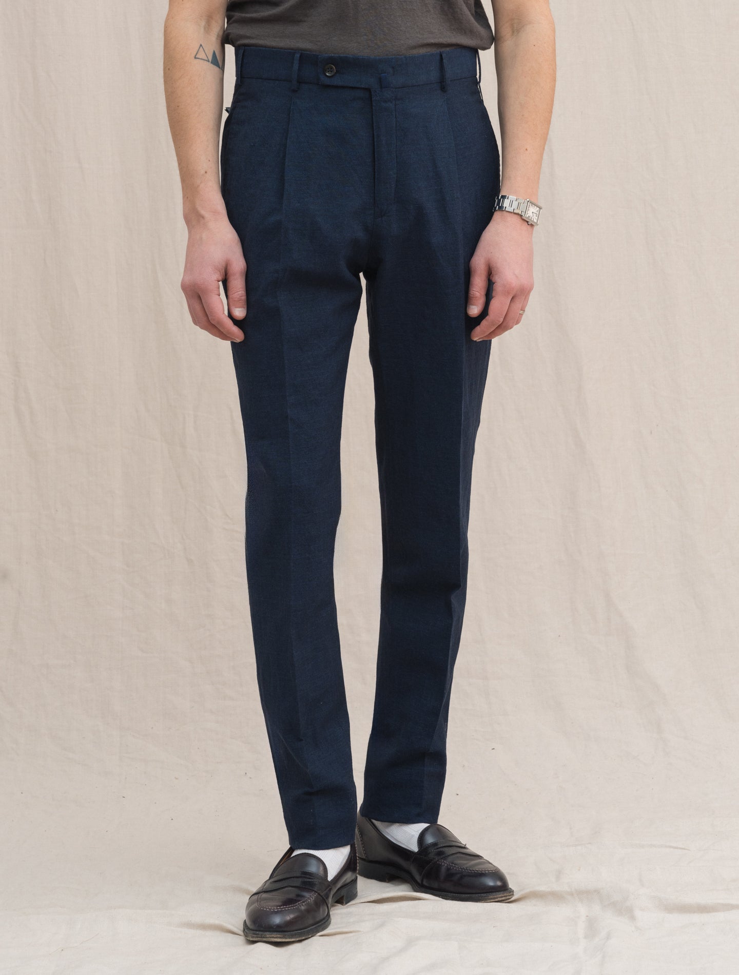 Wool Linen Tapered Fit Trousers Navy Incotex Trousers 48