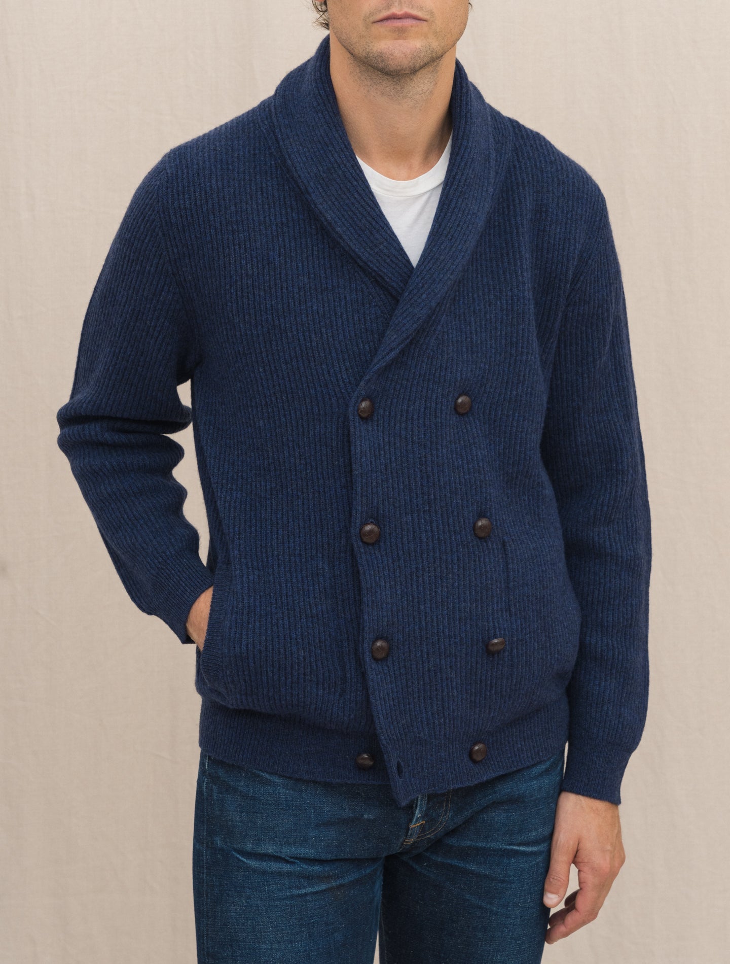 Wool Shawl collar Cardigan Navy Gabucci Knitwear Gabucci